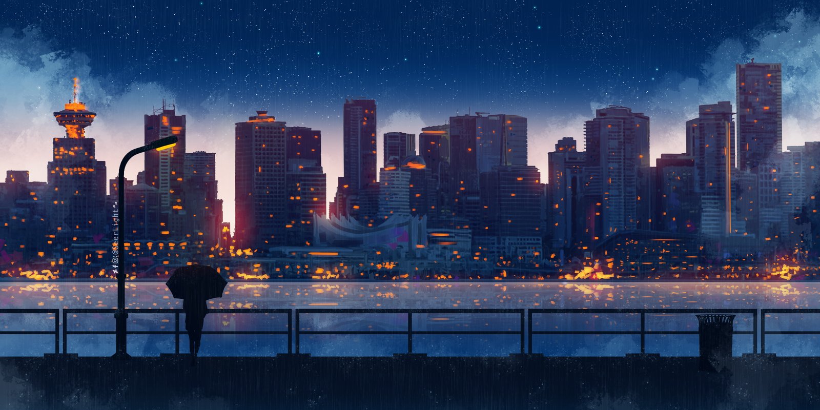 anime city building women umbrella night painting digital art 2k 4k 5k