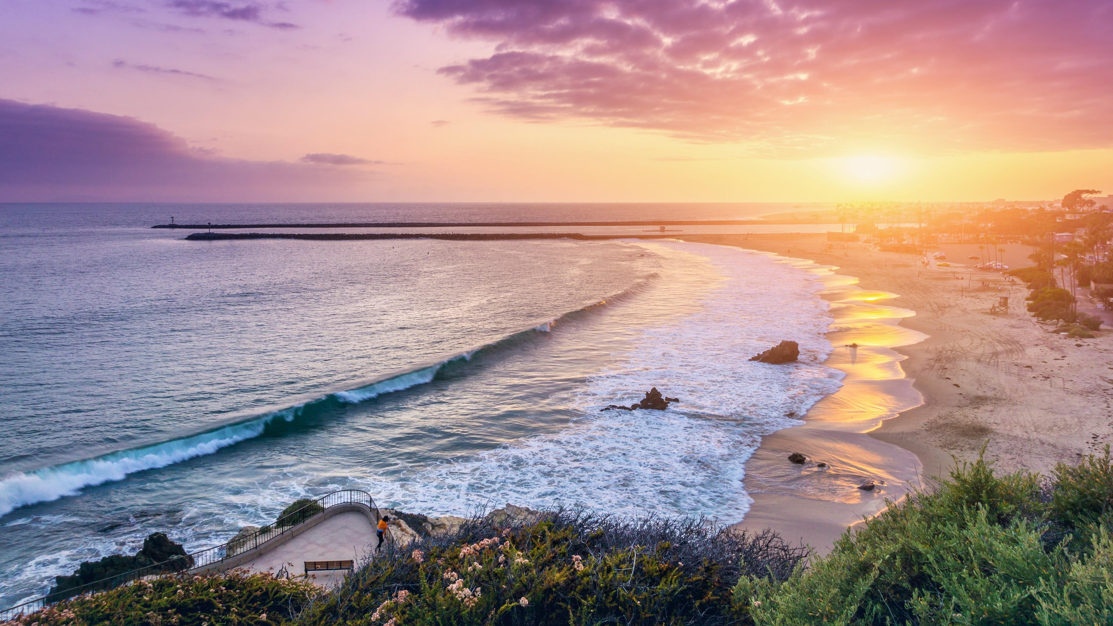 beach california sea girl water reflactions sun 2k 4k