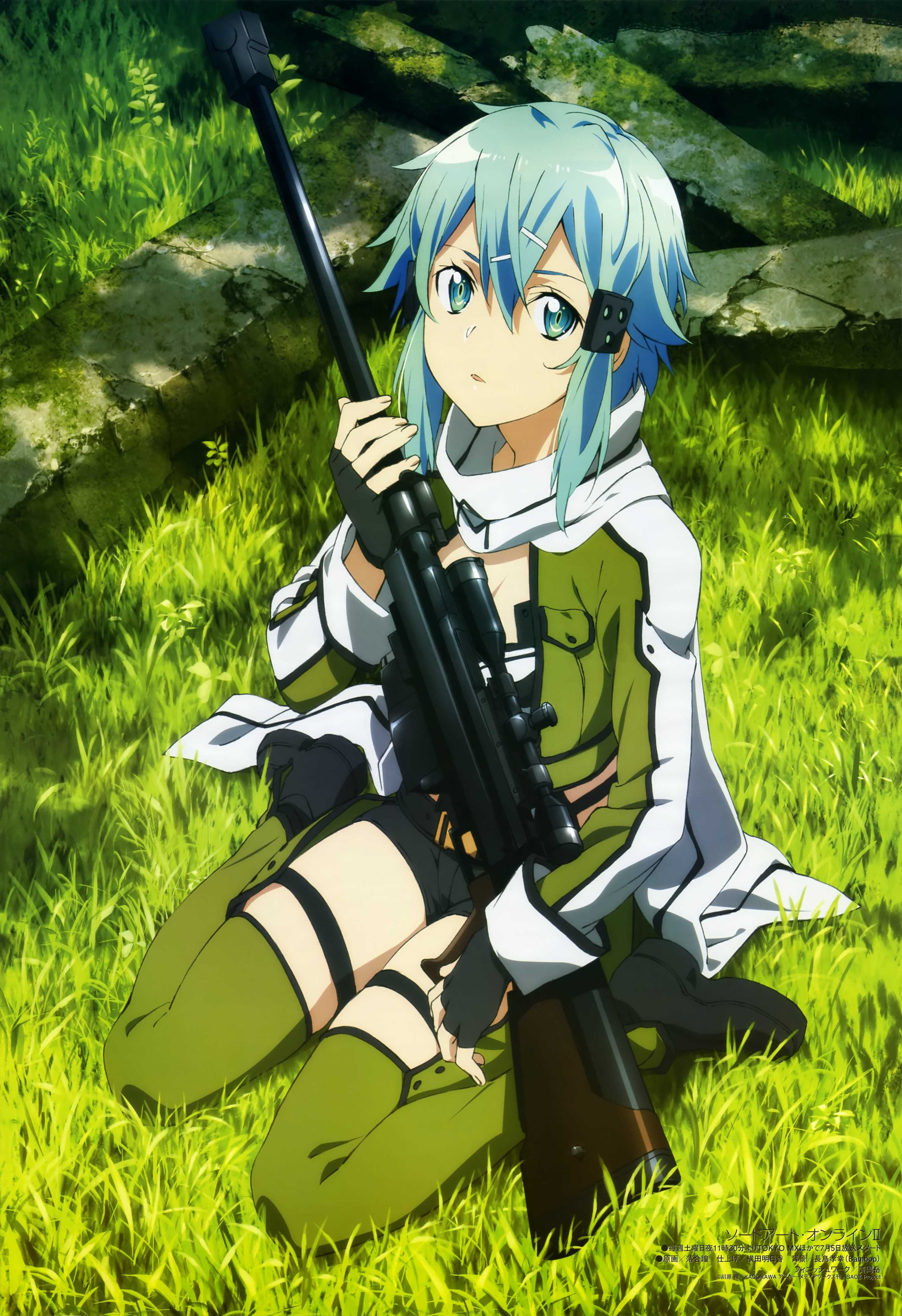 blue haired girl holding rifle illustration Sinon Sword Art Online 2k