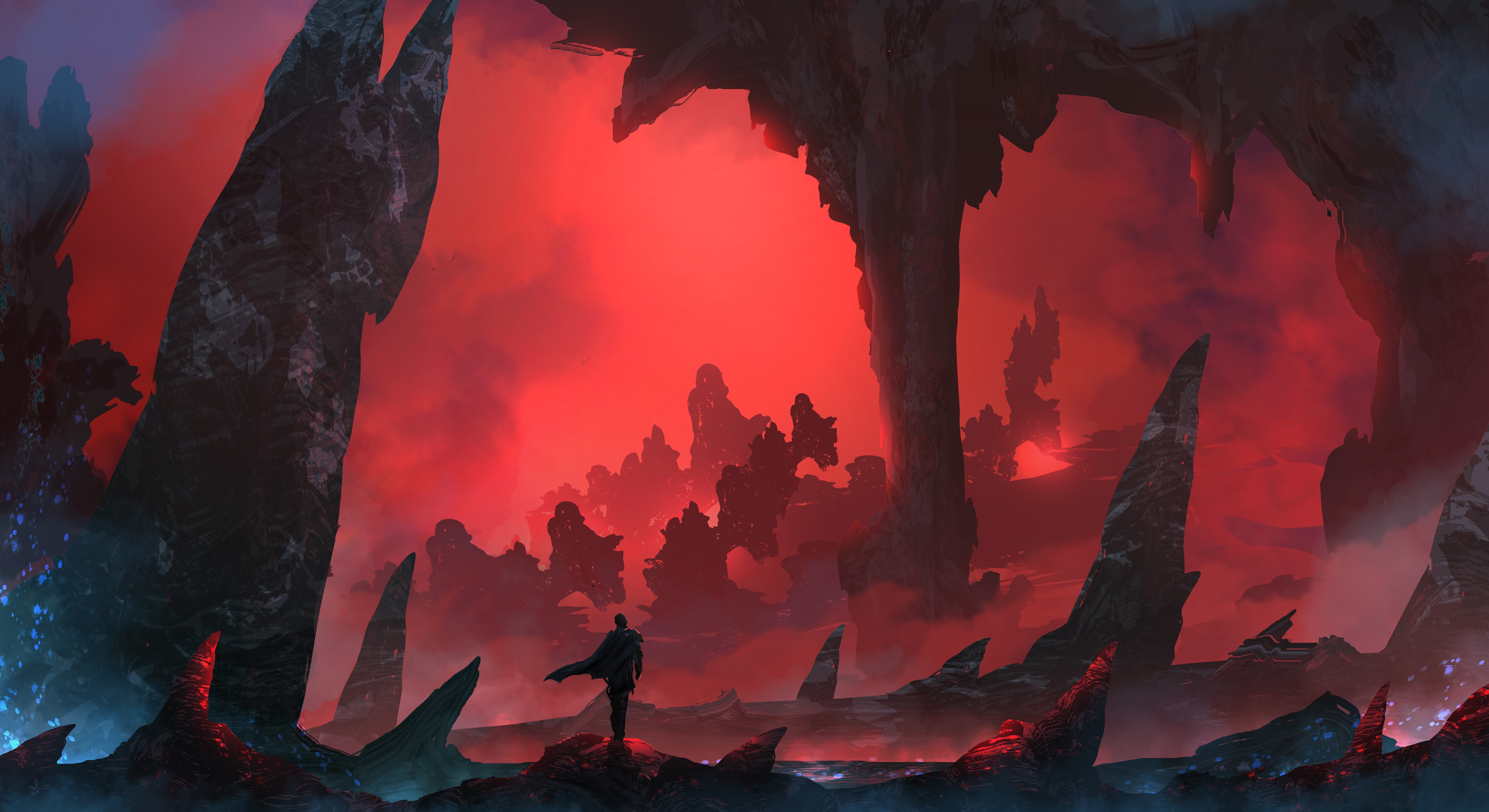 cave digital wallpaper fantasy art mist warrior loneliness 2k 4k 5k