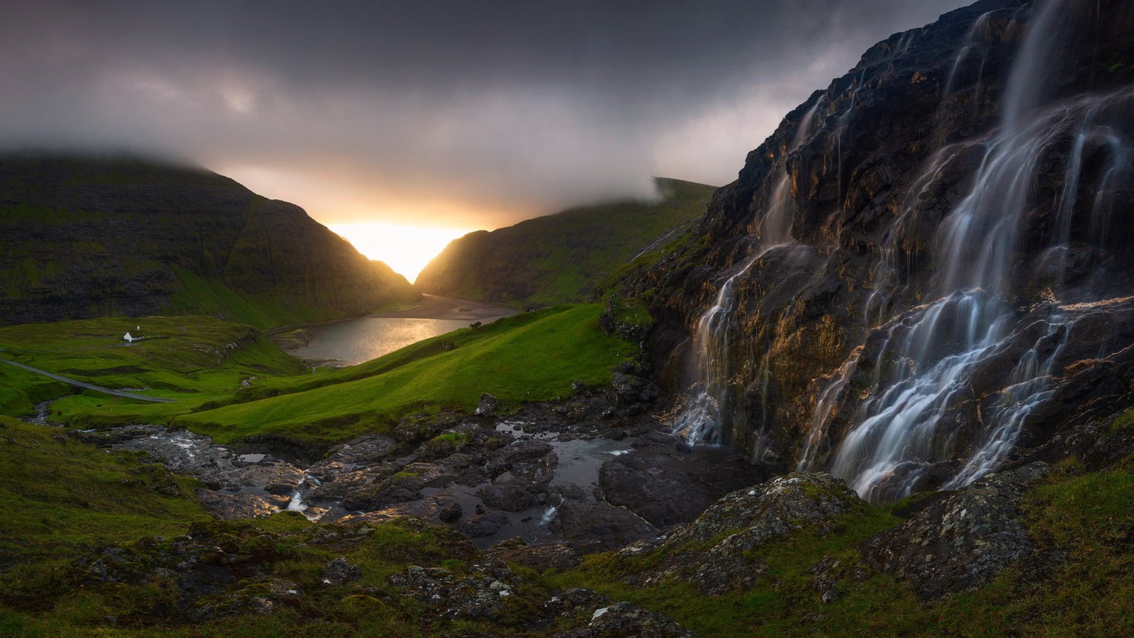 Faroe Islands Waterfall At Sunset Island Country Panorama Desktop Wallpaper Hd For Laptop Mobile Phones And Tv 2k 4k