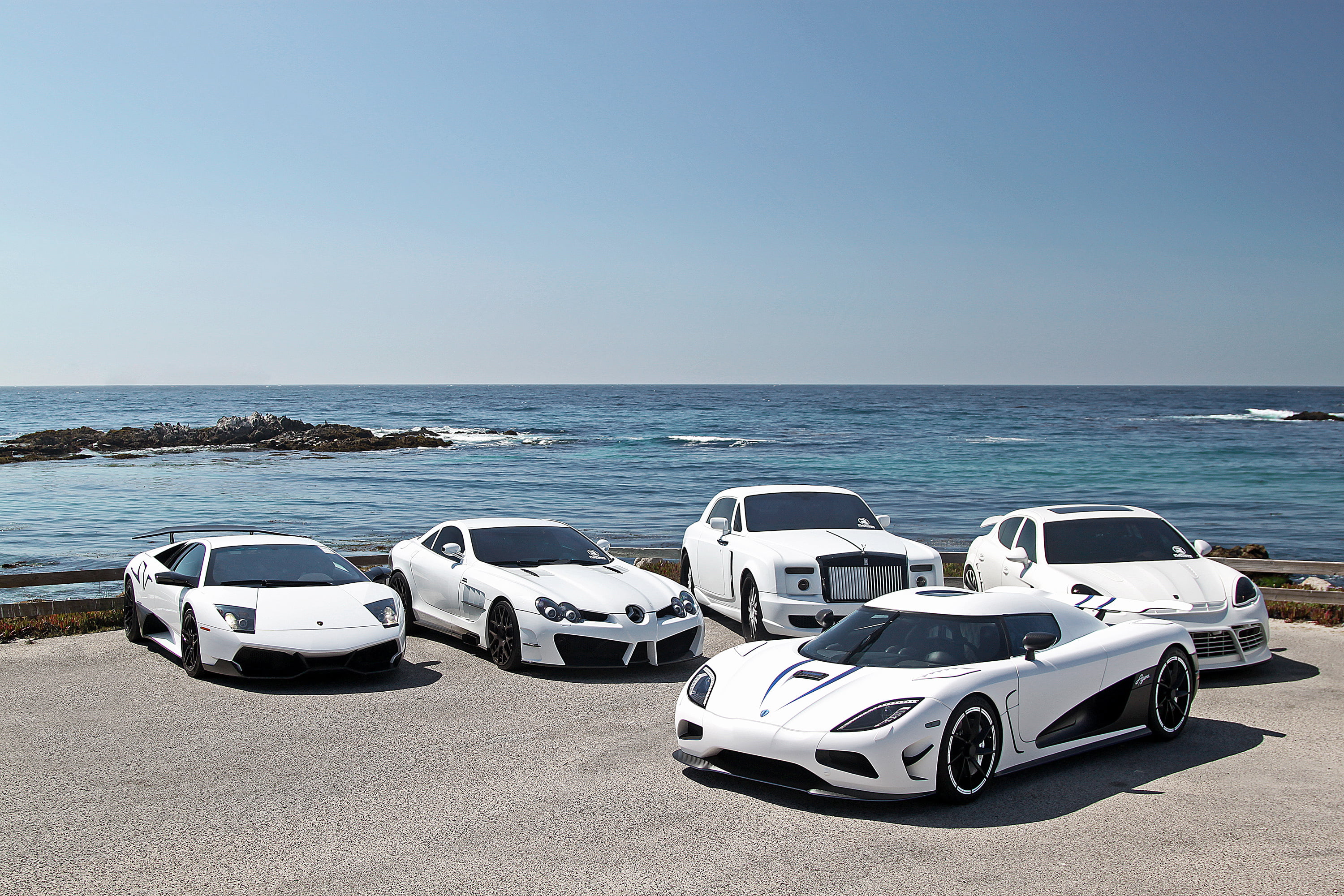 five white sports cars Lamborghini supercar Porsche Mercedes 2k