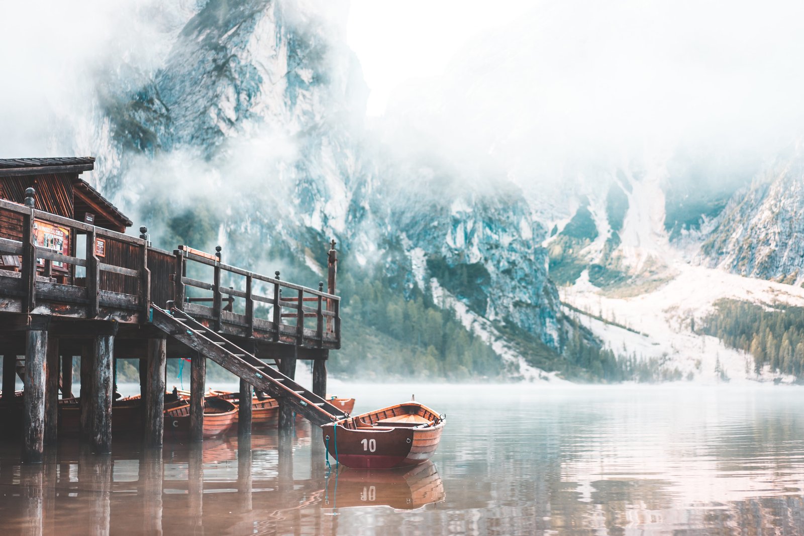 Foggy Lago di Braies in the Morning beautiful boats braies lake 2k 4k 5k