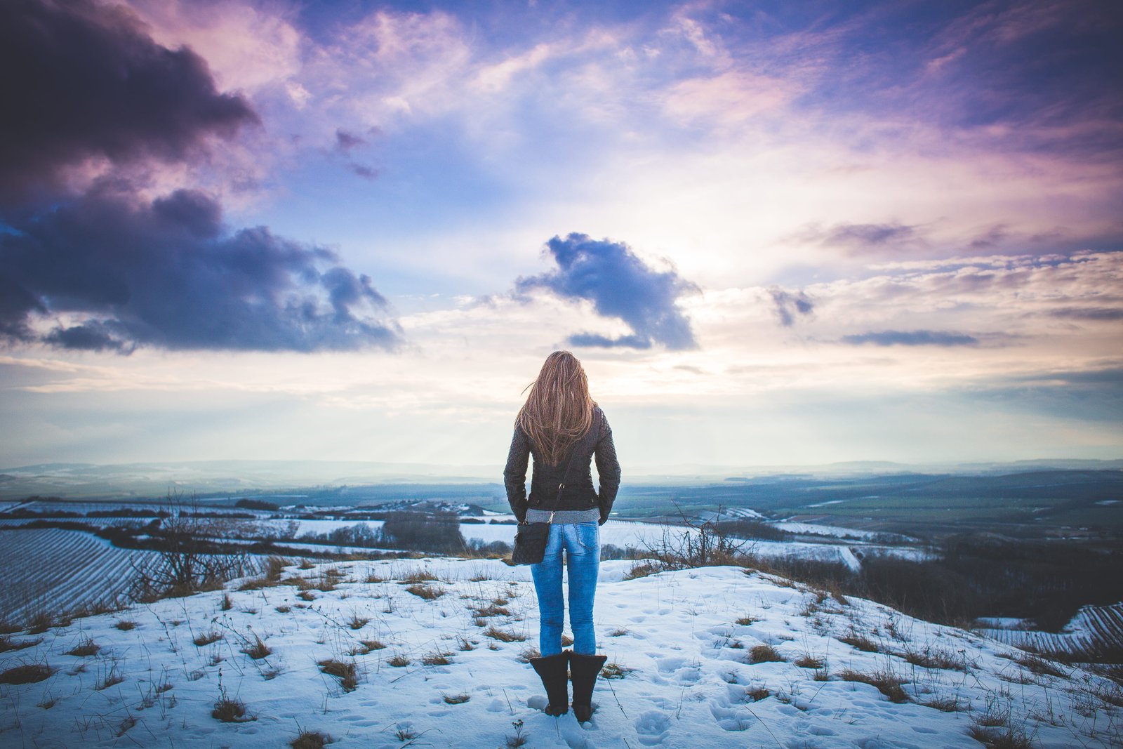 Girl and Fantasy Sky Scenery 2 clouds cold evening hills 2k 4k