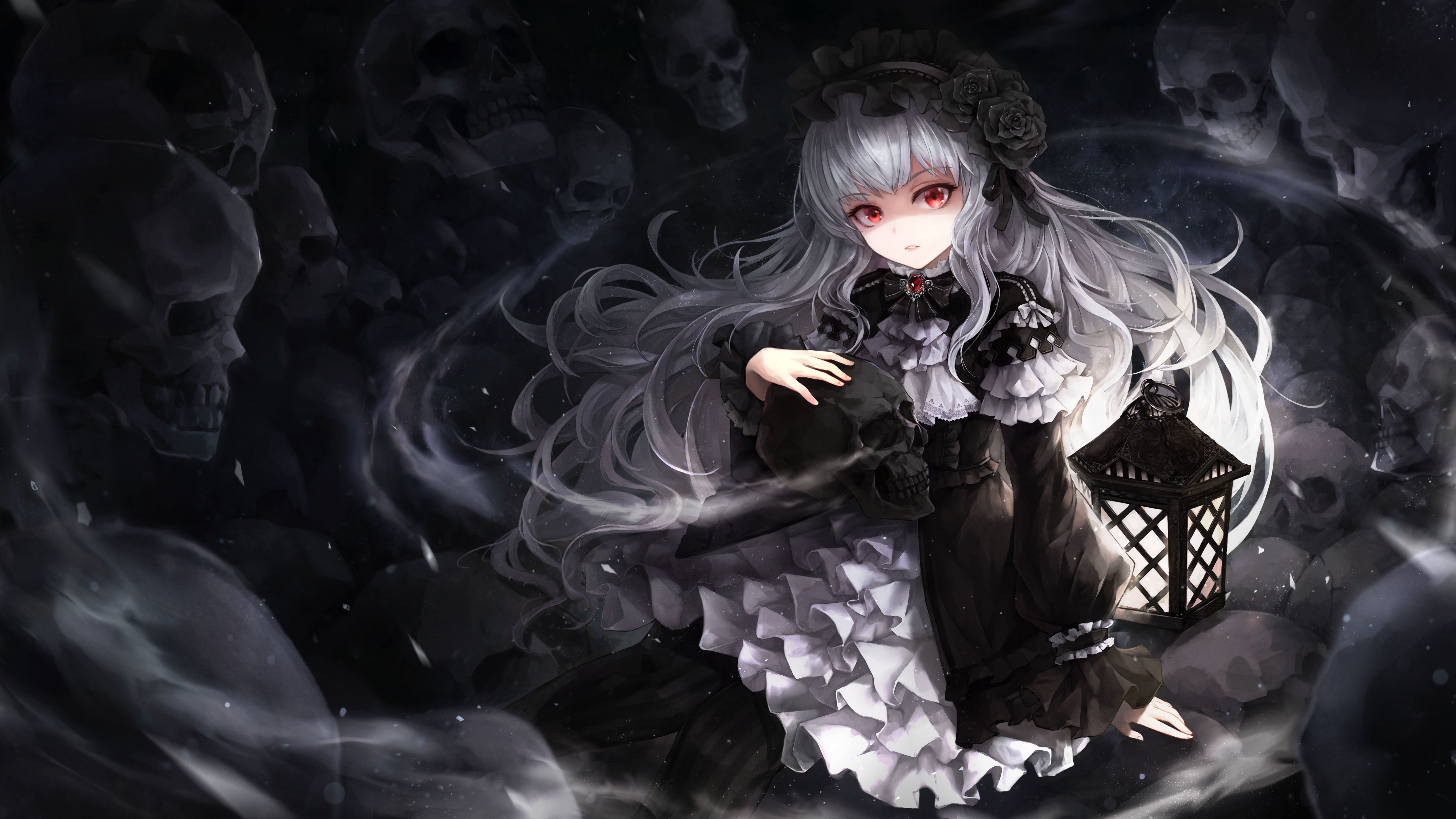 gothic anime girl skulls white hair dress lantern red eyes 2k 4k 5k