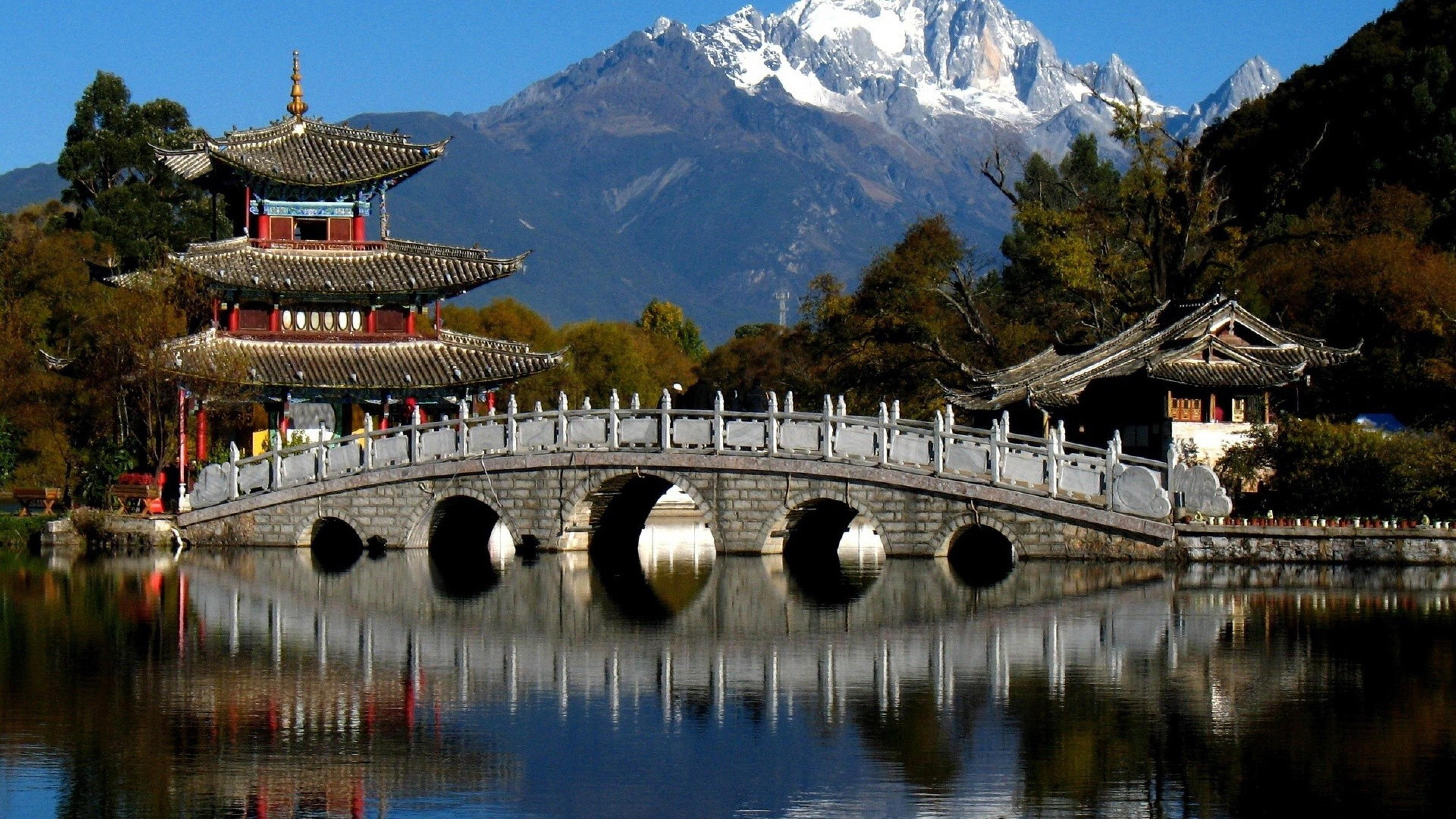 mount scenery asia lijiang lake plant tree japanese architecture 2k 4k