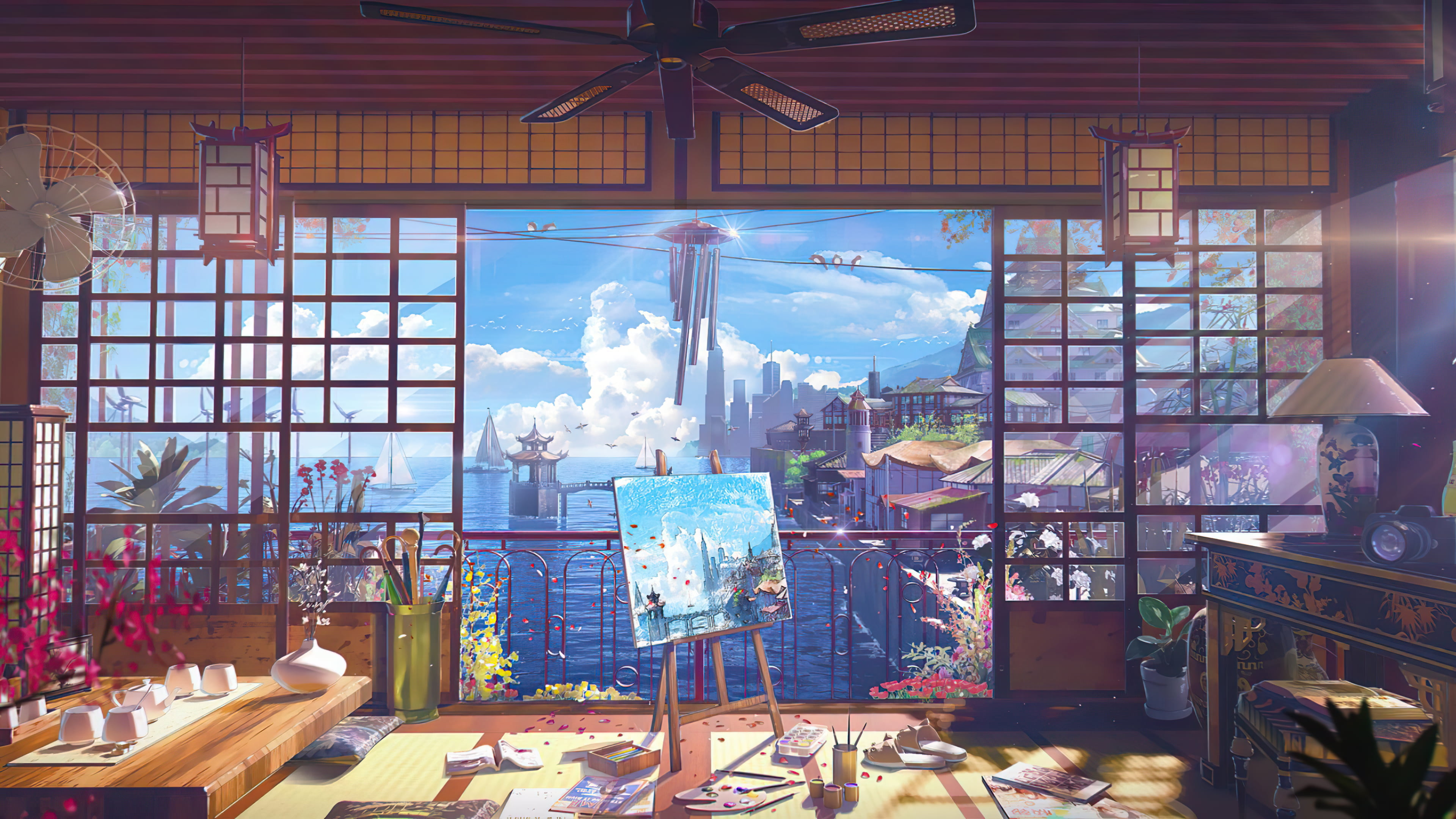 ocean view room digital art anime painting clutter Japanese 2k 4k