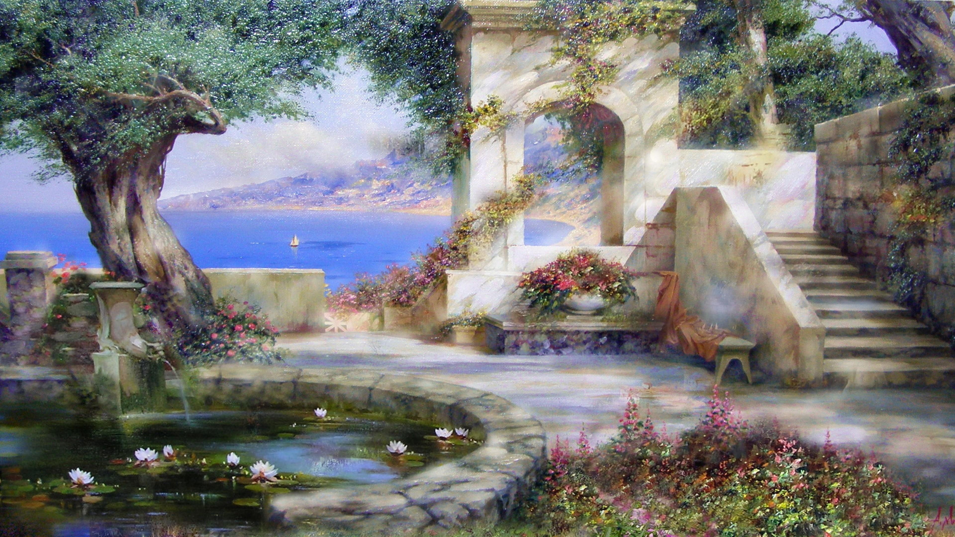 painting art fountain patio nature crimea tree landscape 2k 4k