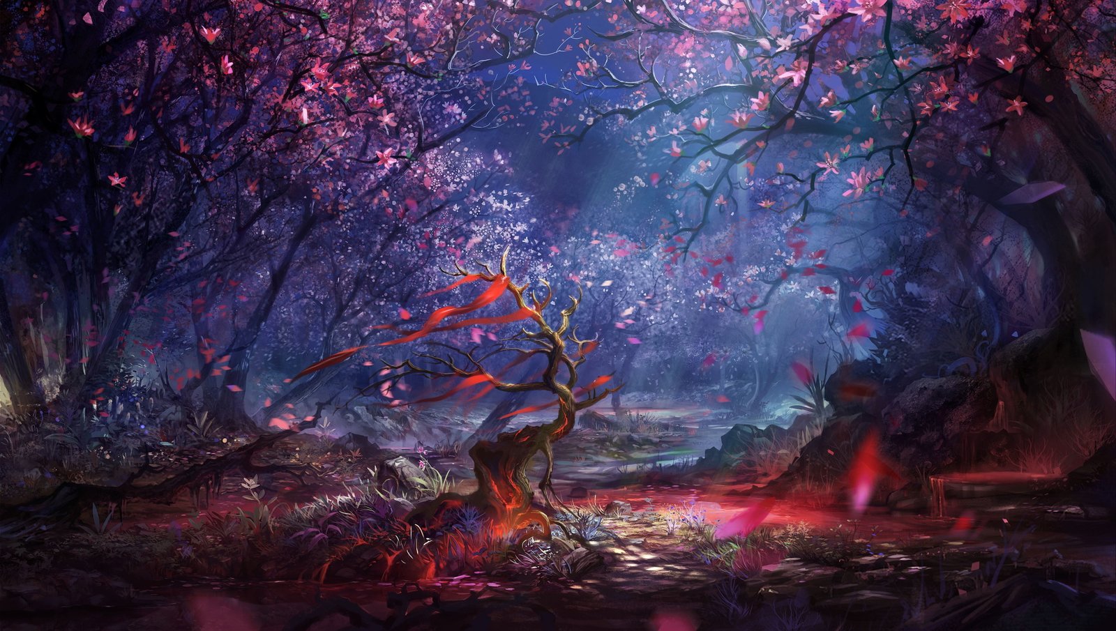 pink and brown trees digital wallpaper artwork fantasy art 2 2k 4k