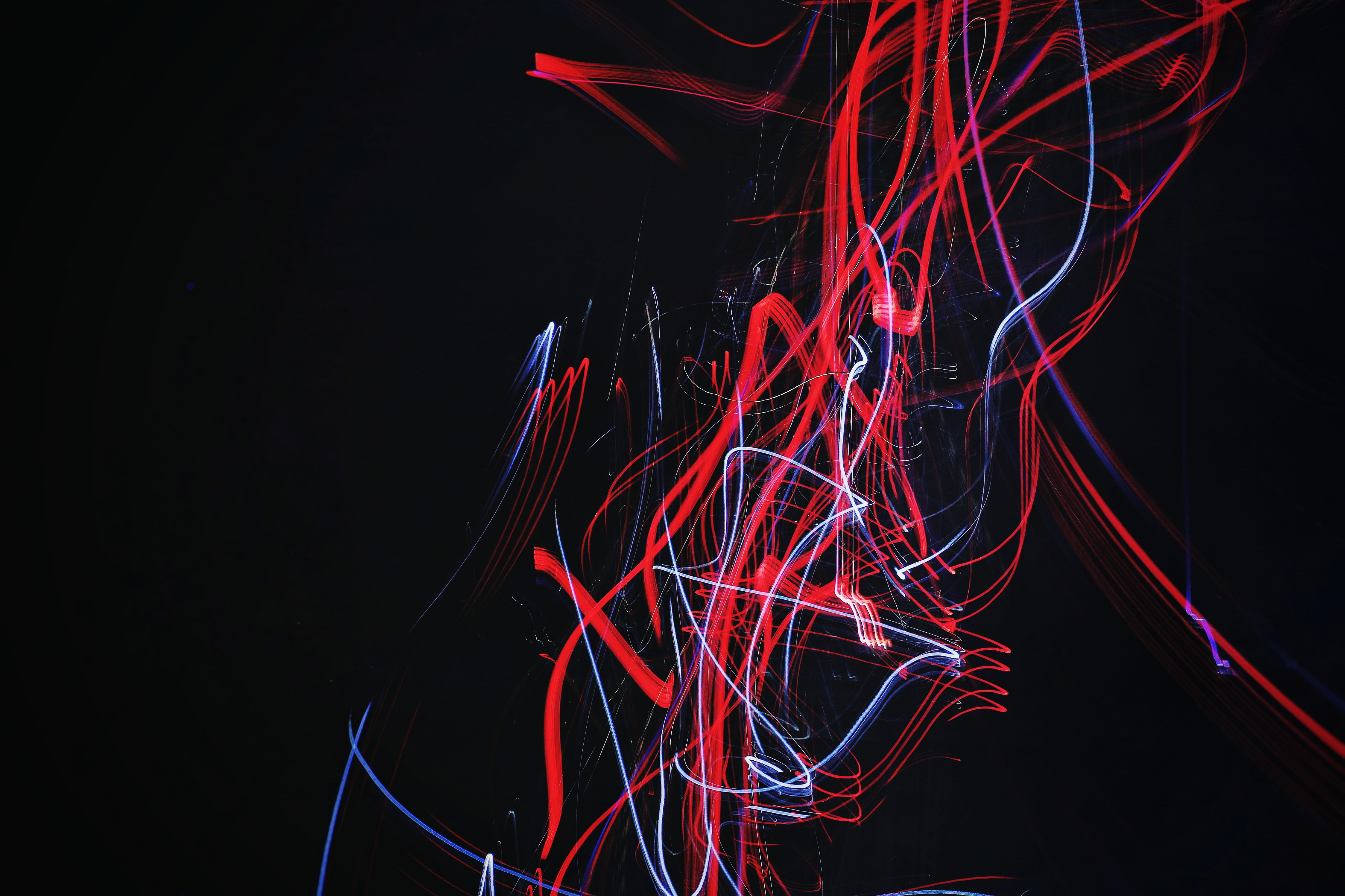 red and blue doodle artwork with black background white light strokes 2k 4k 5k