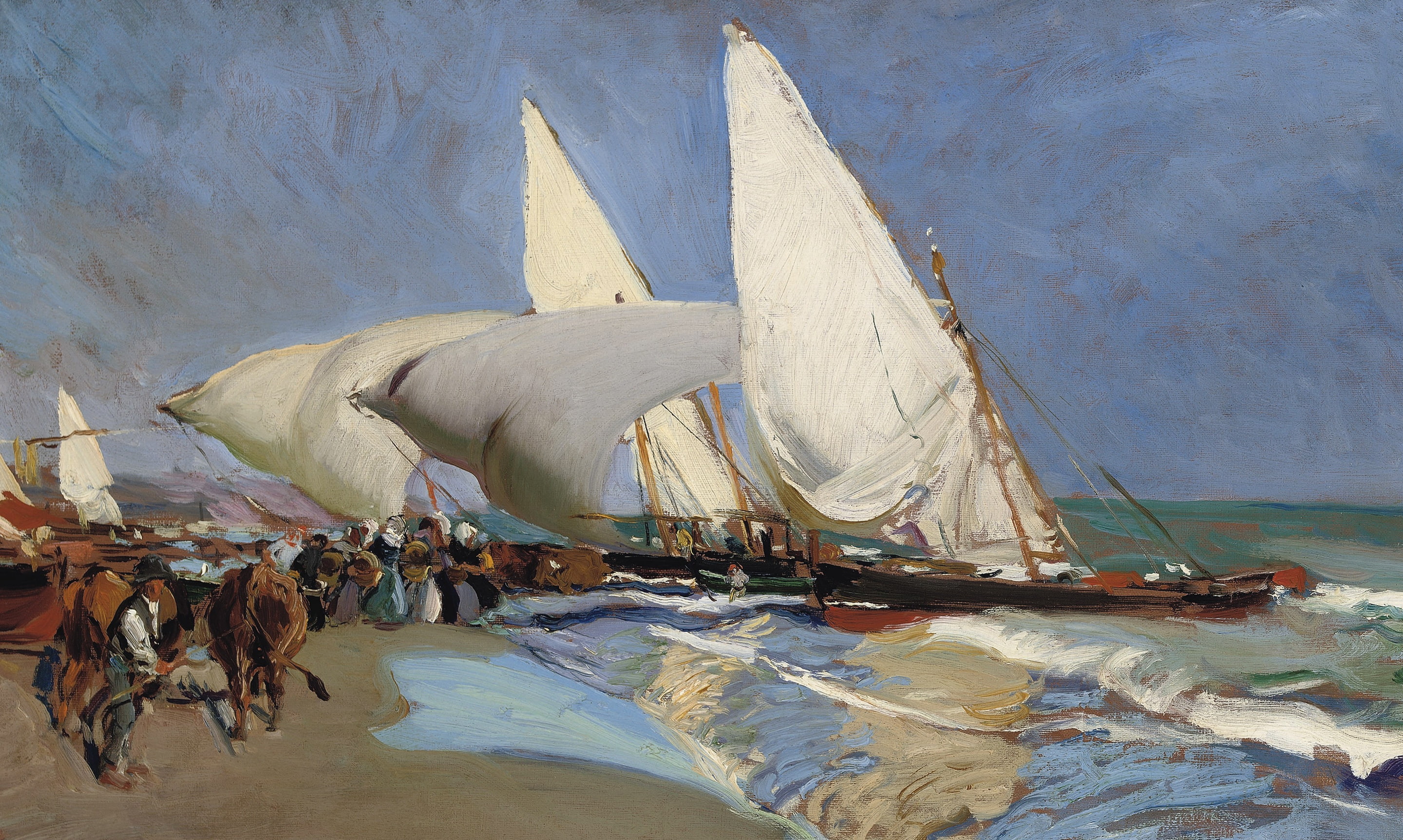 shore boat picture sail seascape Beach Of Valencia Joaquin Sorolla 2k