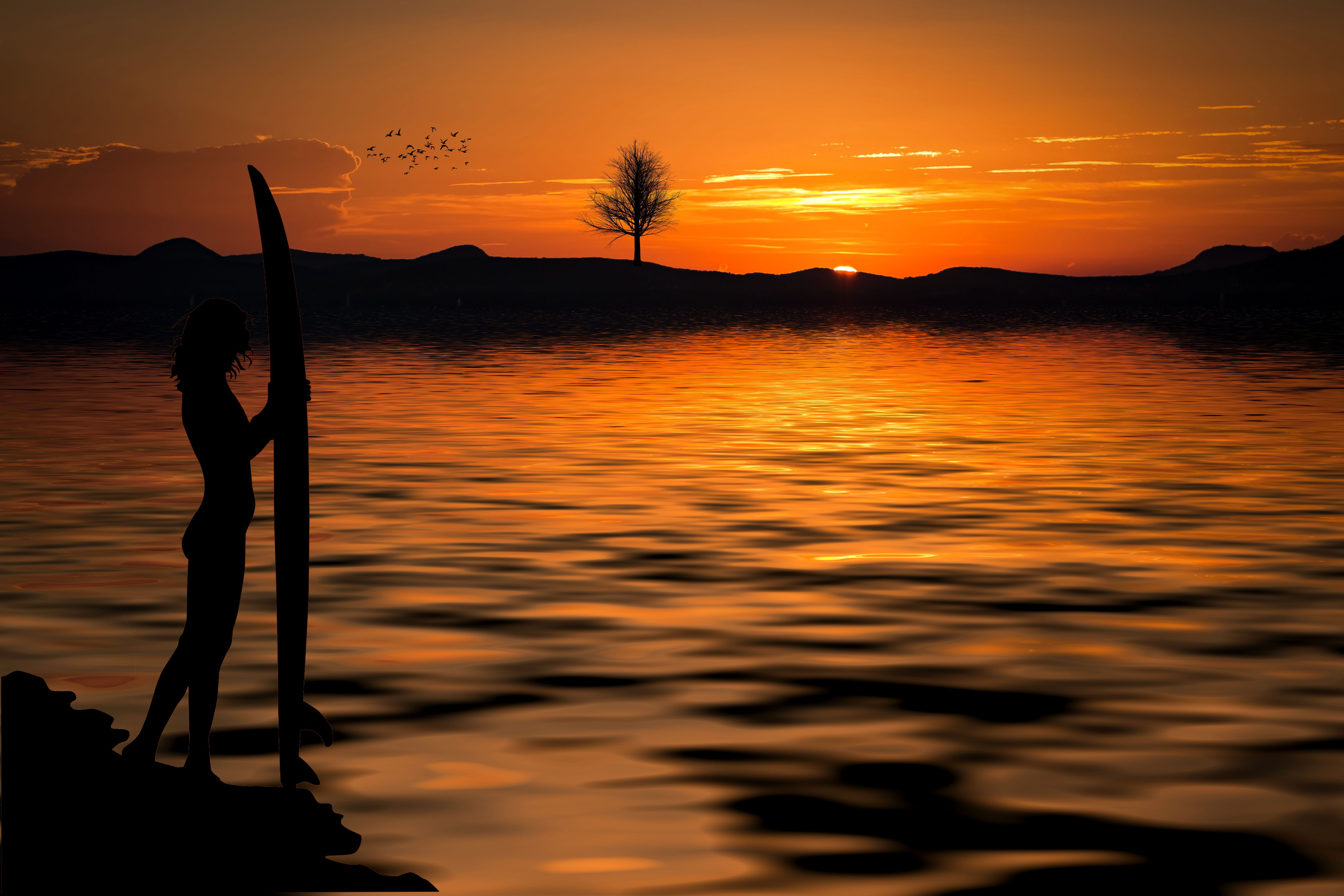silhouette of woman holding surfboard during sunset surfer sea 2k 4k 5k