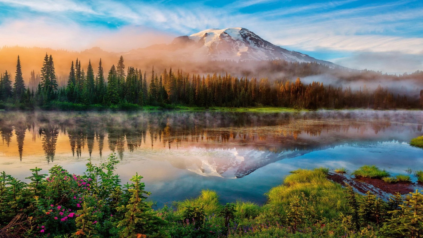 spring mountain lake reflection trees nature sky wilderness 2k 4k