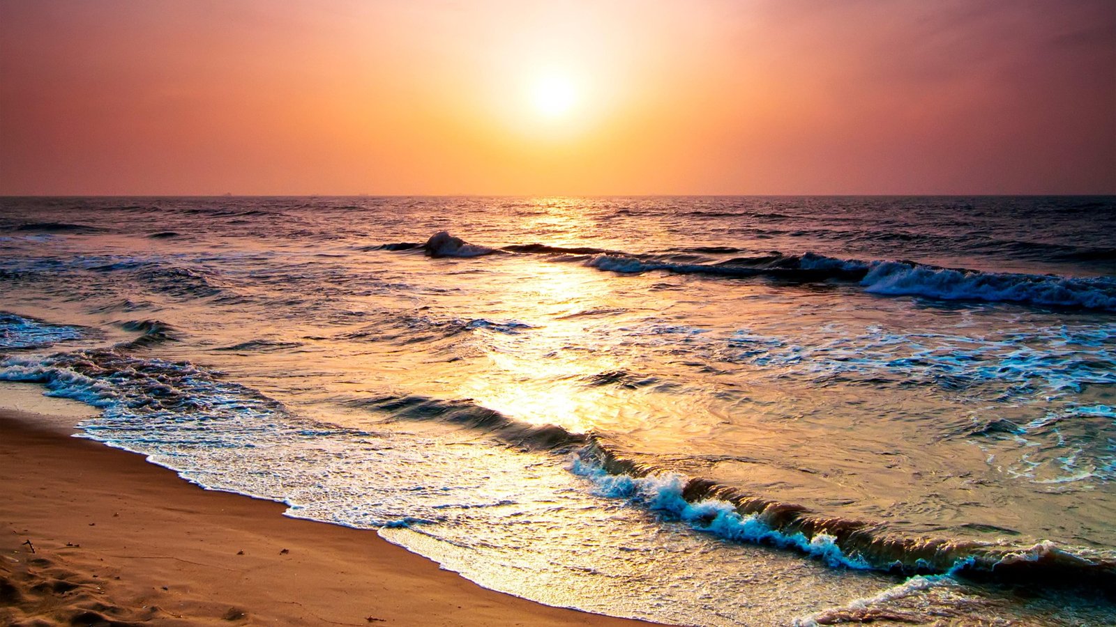 sunset beach ocean sea horizon shore orange sky wave 2k 4k