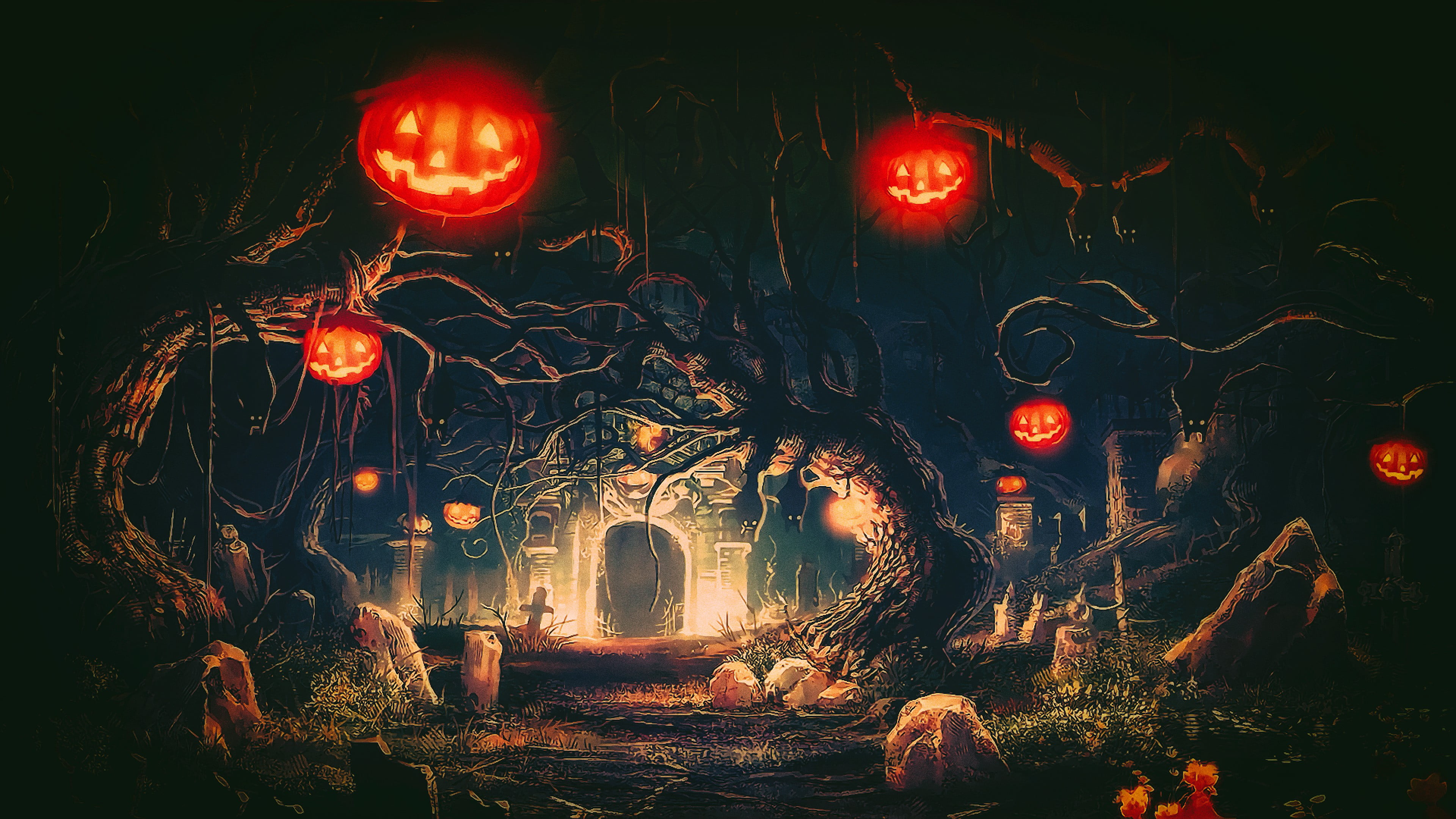 trees and castle digital wallpaper Halloween Terror night 2k 4k