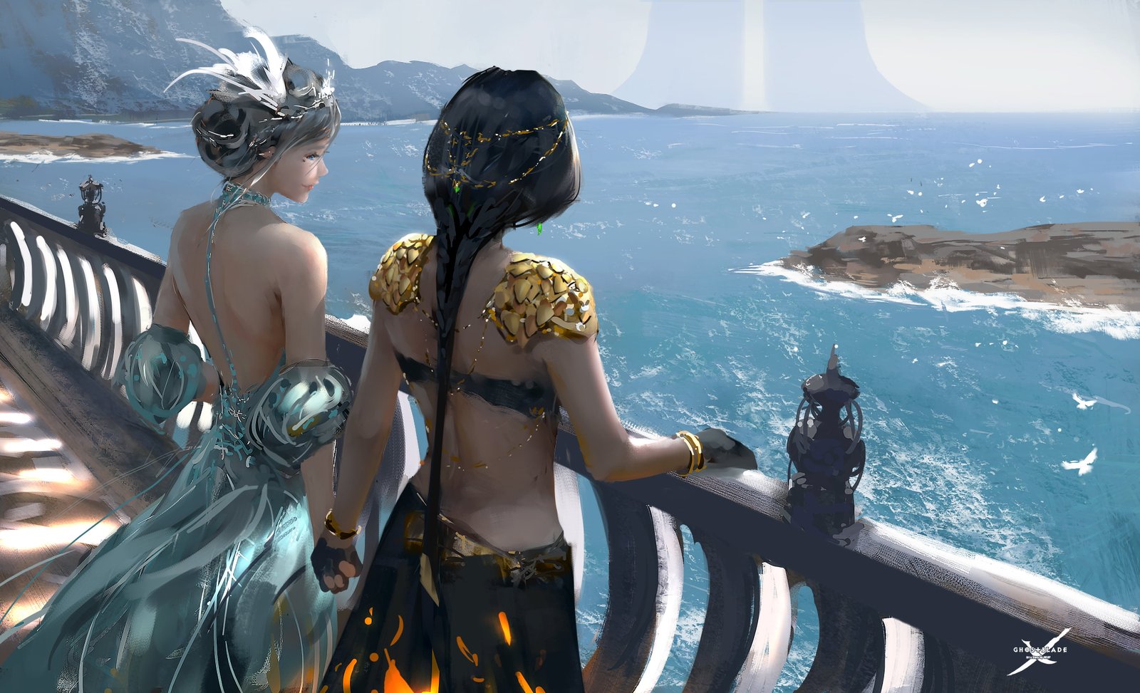 two women digital art WLOP painting fantasy long hair 2k 4k