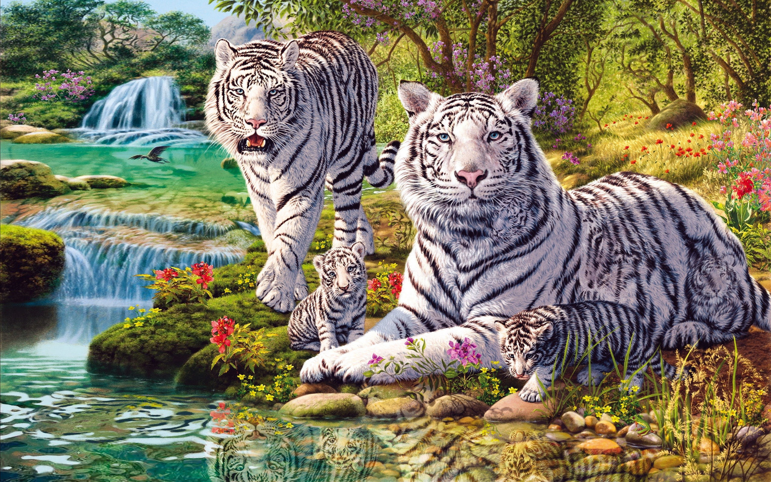 White Tiger Family Nature Jungle Stepfather Waterfall Flowers Photo Hd Wallpaper 2k