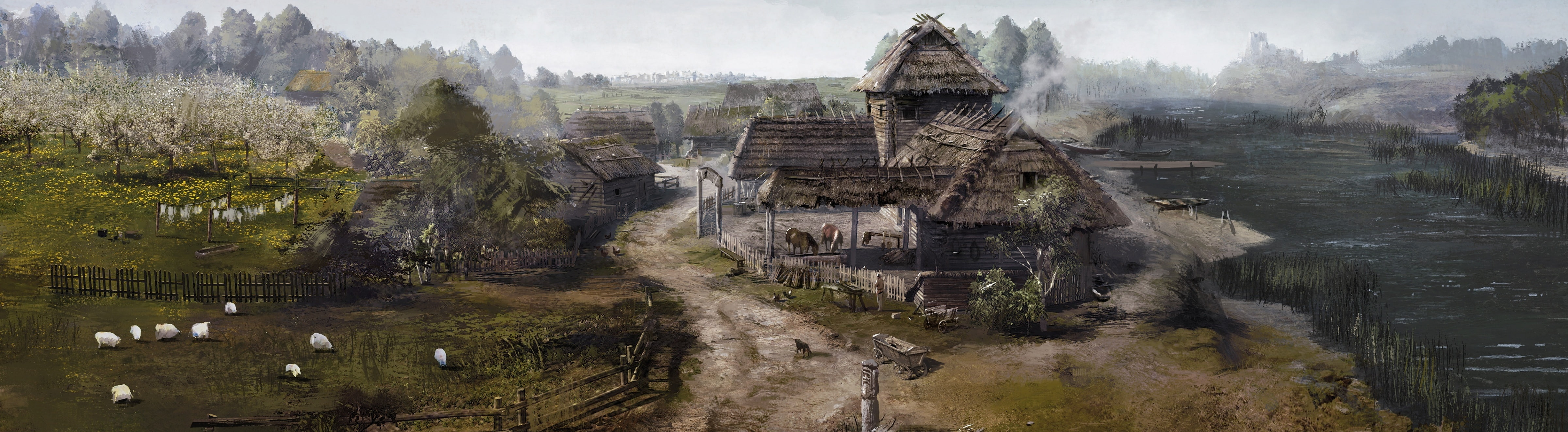 Witcher 3 Wild Hunt Concept Art wooden 2 storey house beside river digital painting 2k 4k 5k