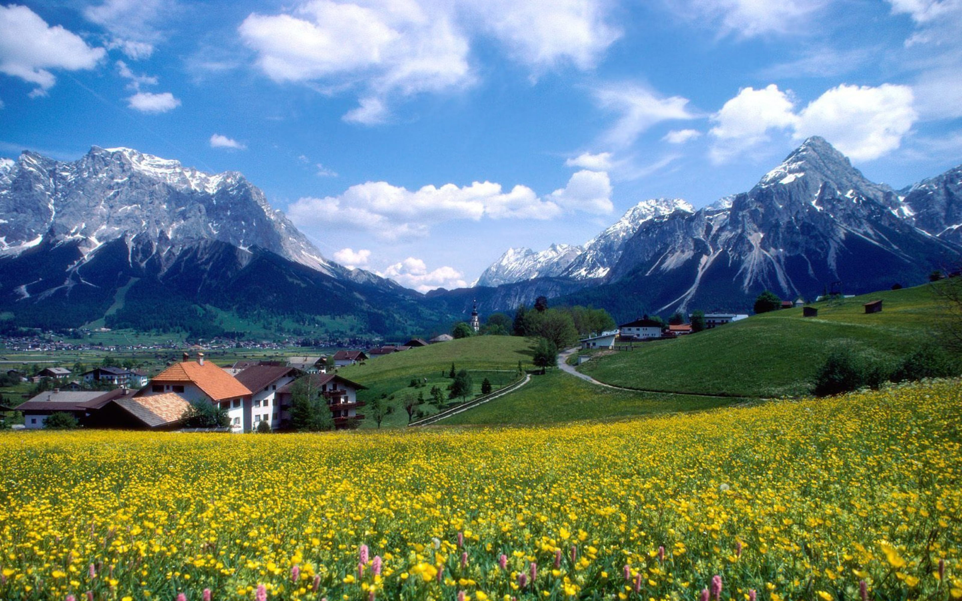 Zugspitze Bavaria In Germany Landscape Spring Mountain Village With Snow Mountains Meadow Flowers Sky Hd Wallpaper 2k 4k
