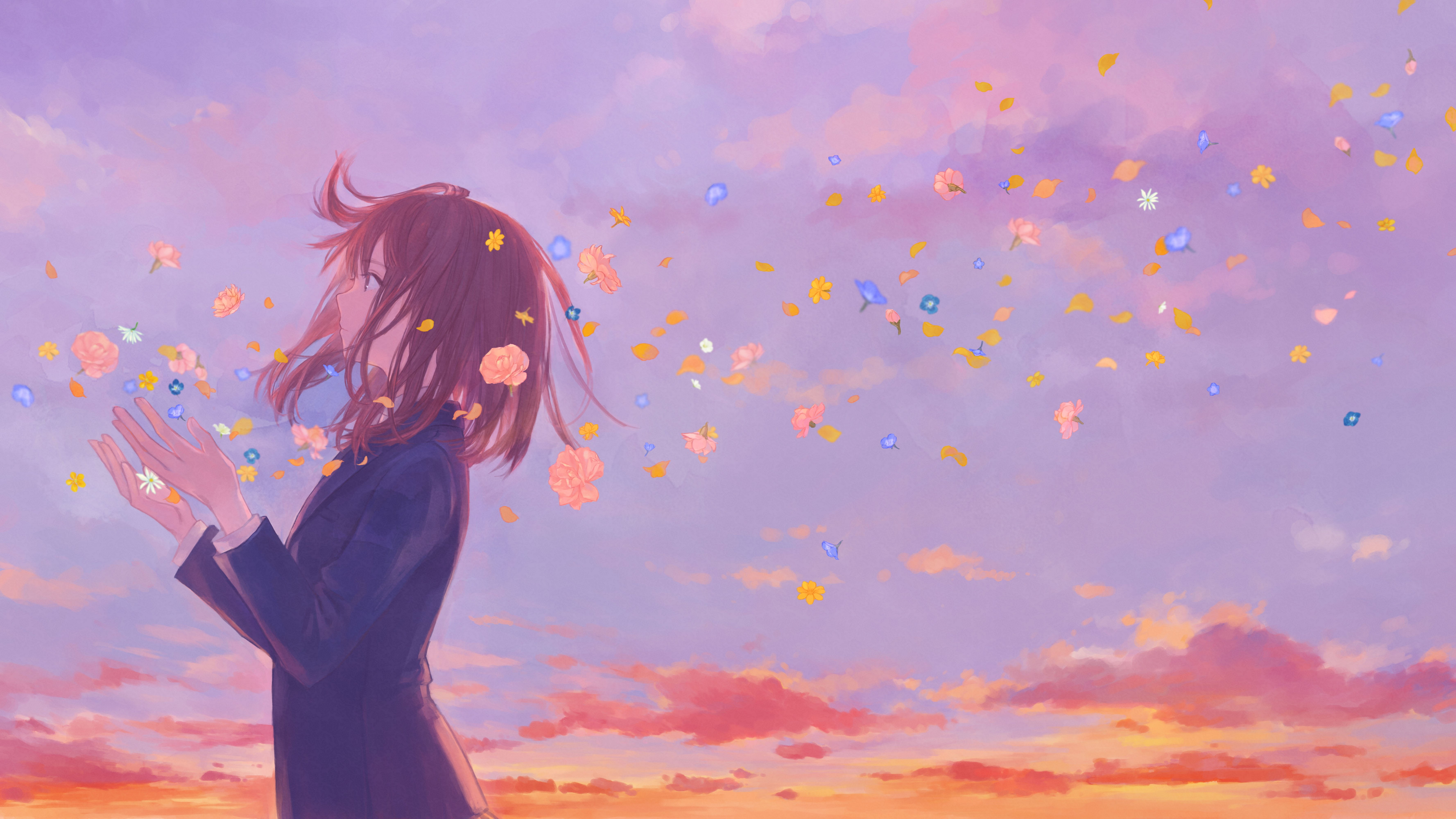 anime girl school flowers clouds hd one person 2k 4k 5k