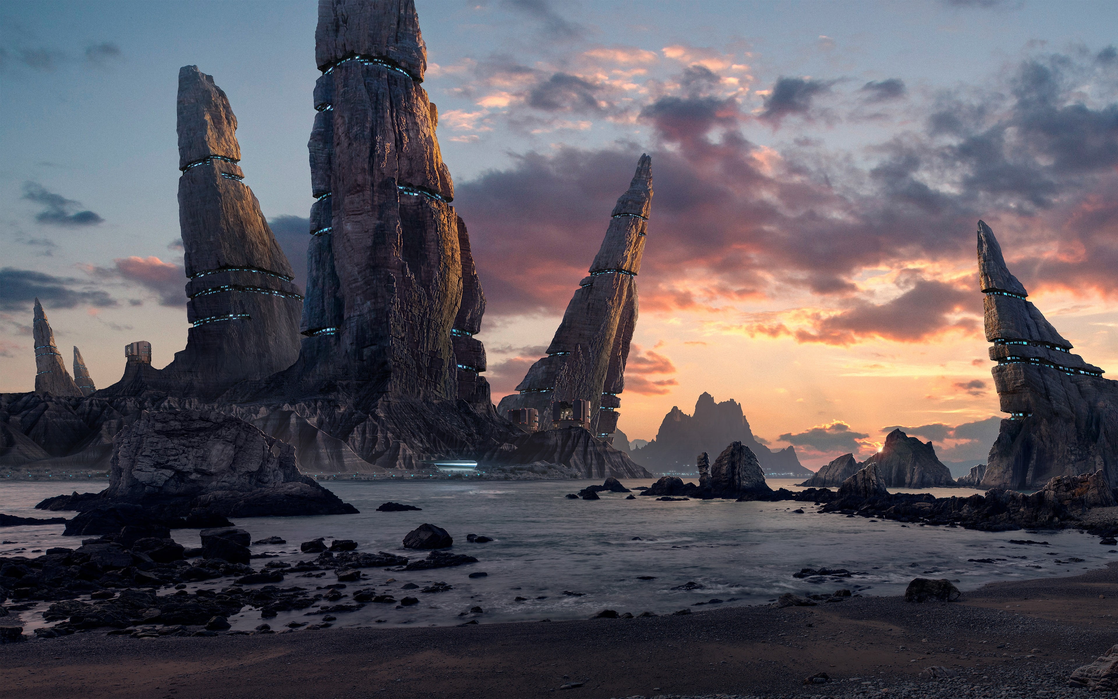 beach shore landscape mountains science fiction digital art 2k 4k