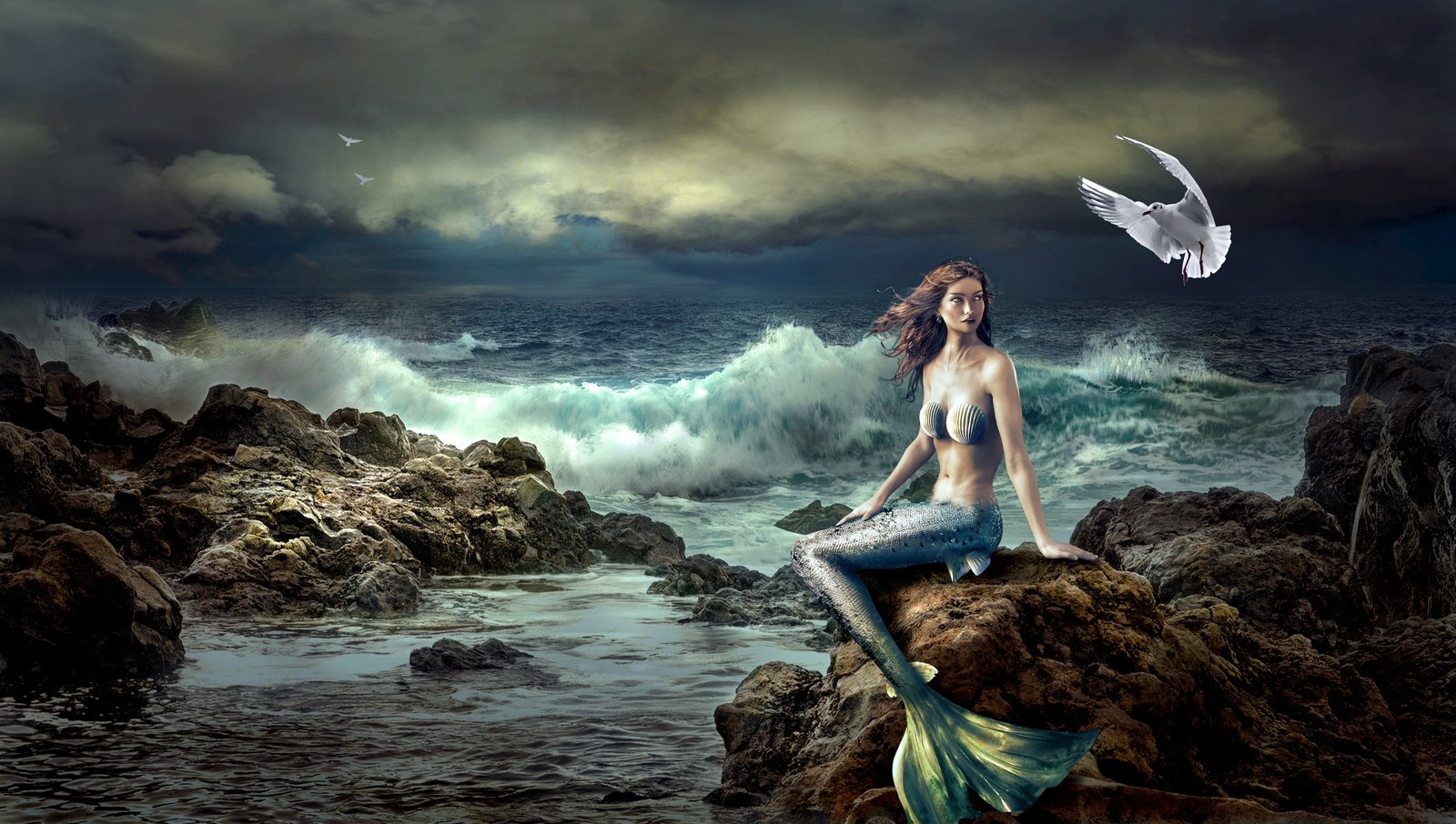 blue mermaid sitting on brown rock painting fantasy mystical 2k 4k 5k