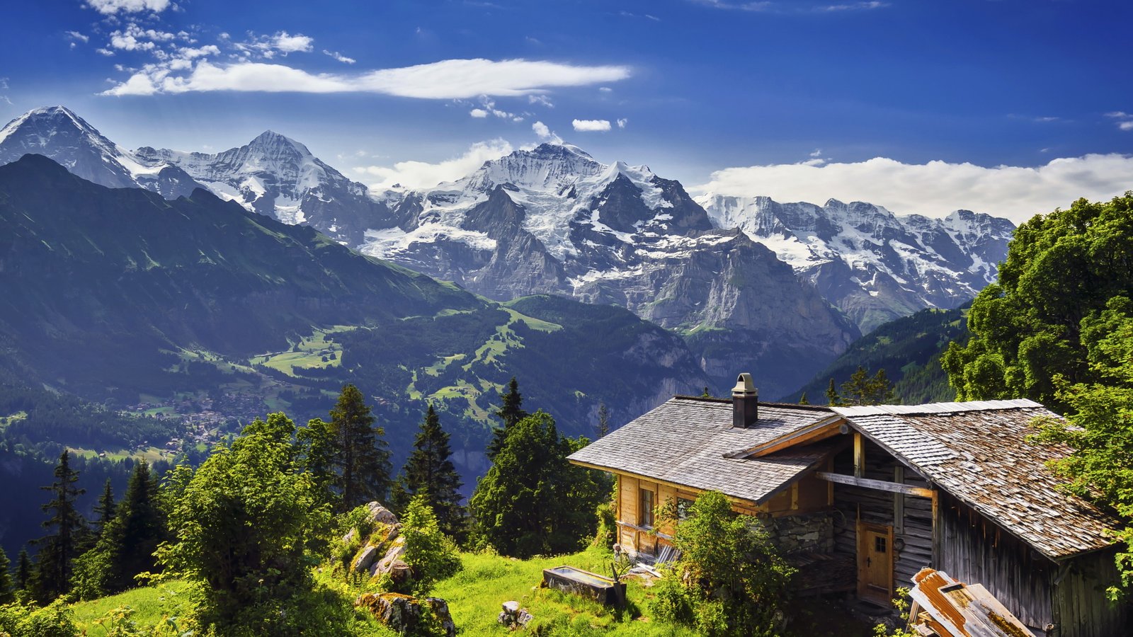 gray and brown house near tall mountain at daytime Switzerland 2k 4k
