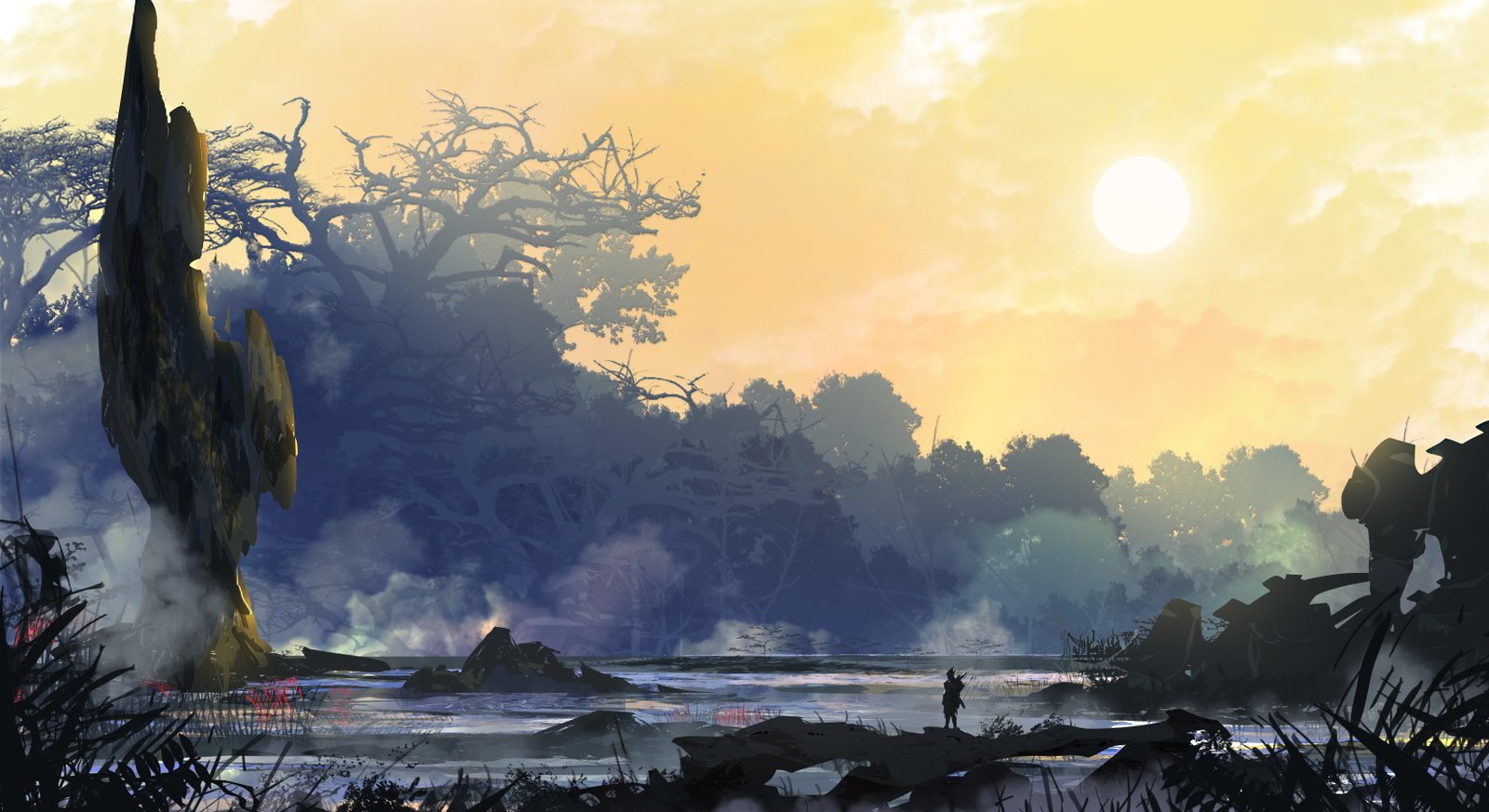 green forest illustration artwork digital art landscape sunset 2k 4k 5k