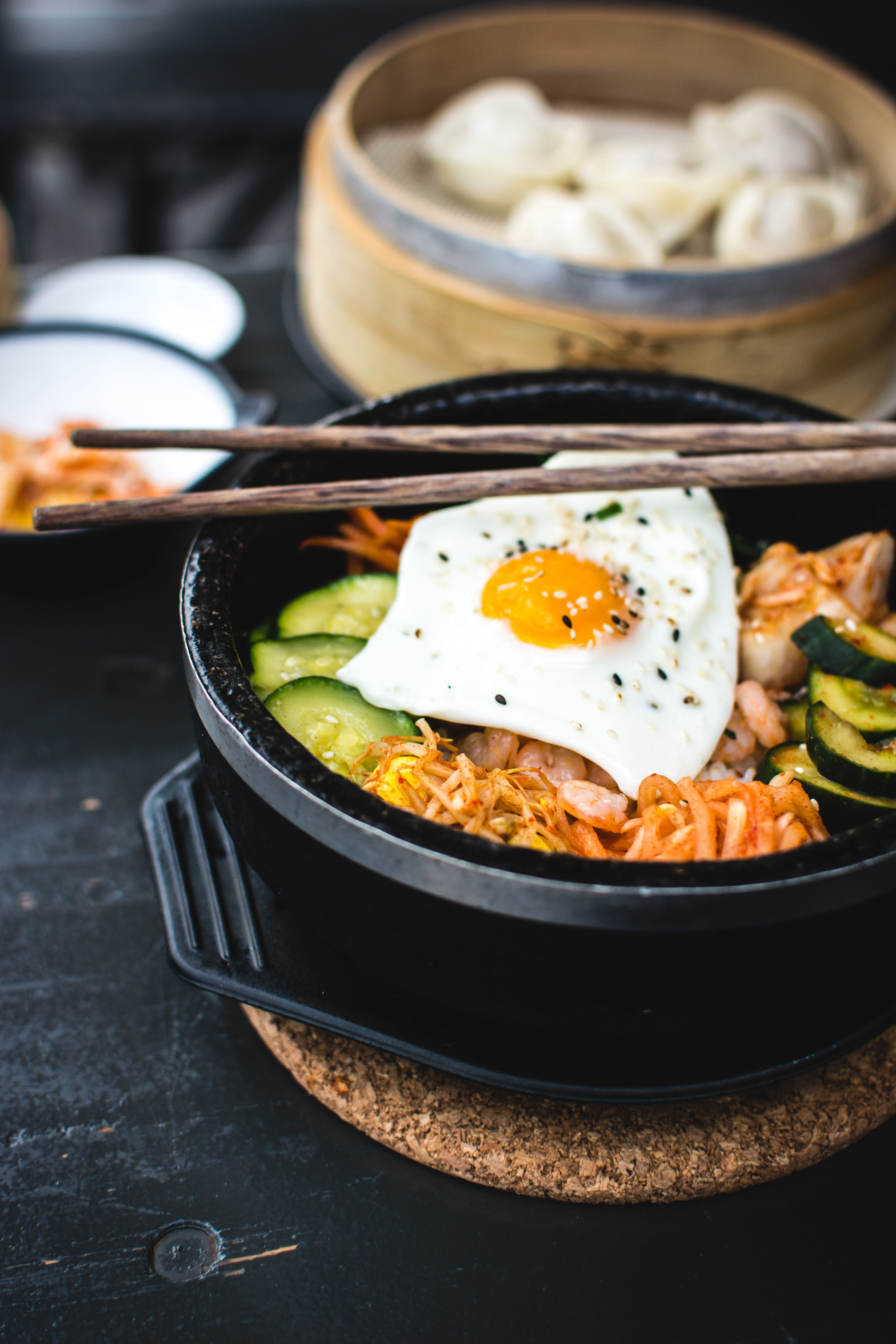 Korean Bibimbap in YamYam Berlin close up eating out eggs 2k 4k