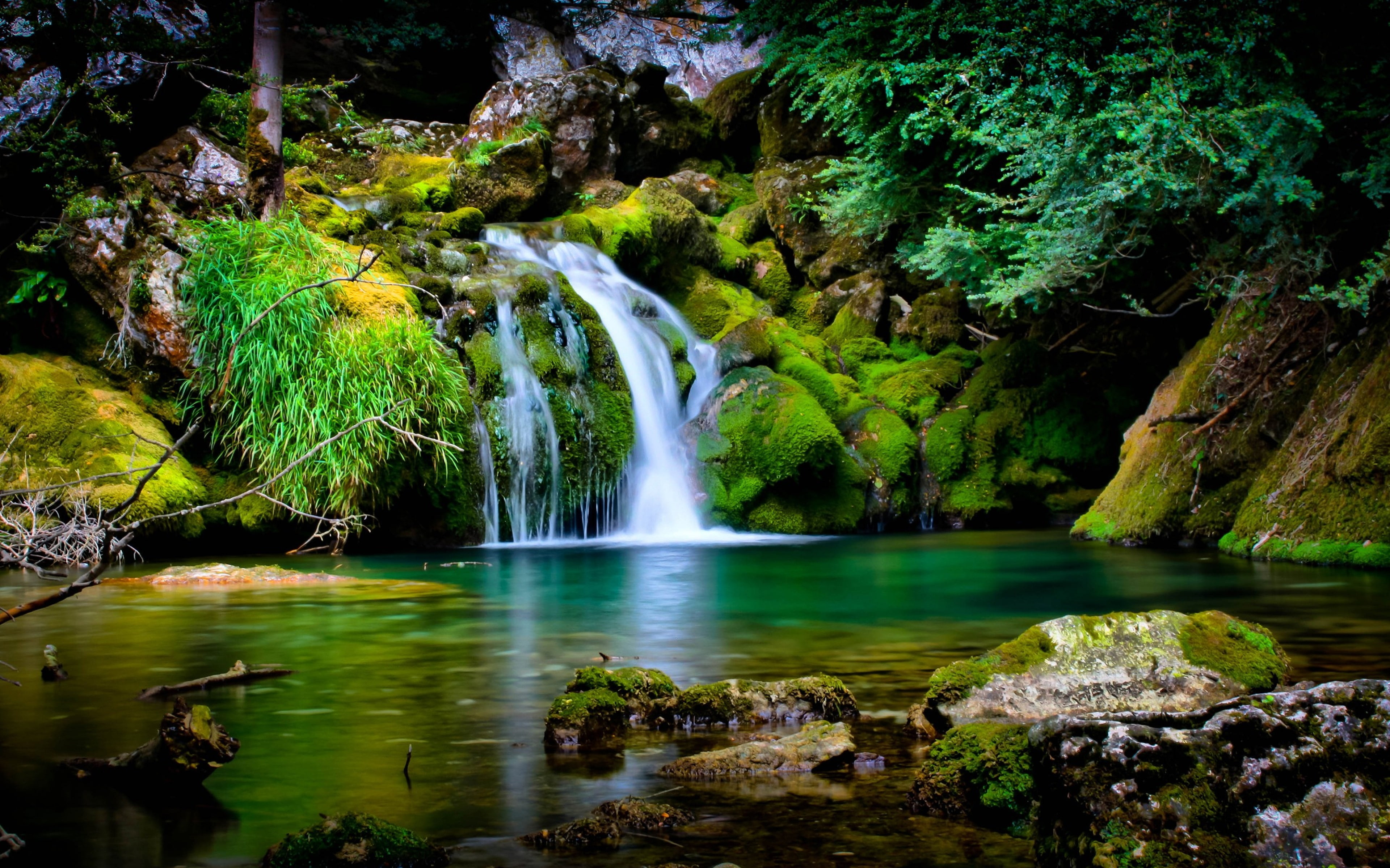 Landscape beautiful nature green tropical waterfall rocks covered with moss turquoise water Desktop HD Wallpaper for Mobile phones Tablet and PC 2k 4k