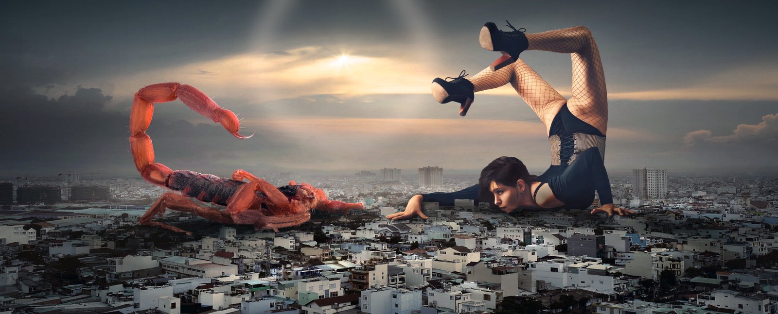 scorpion and woman on top of building illustration fantasy city 2k 4k 5k