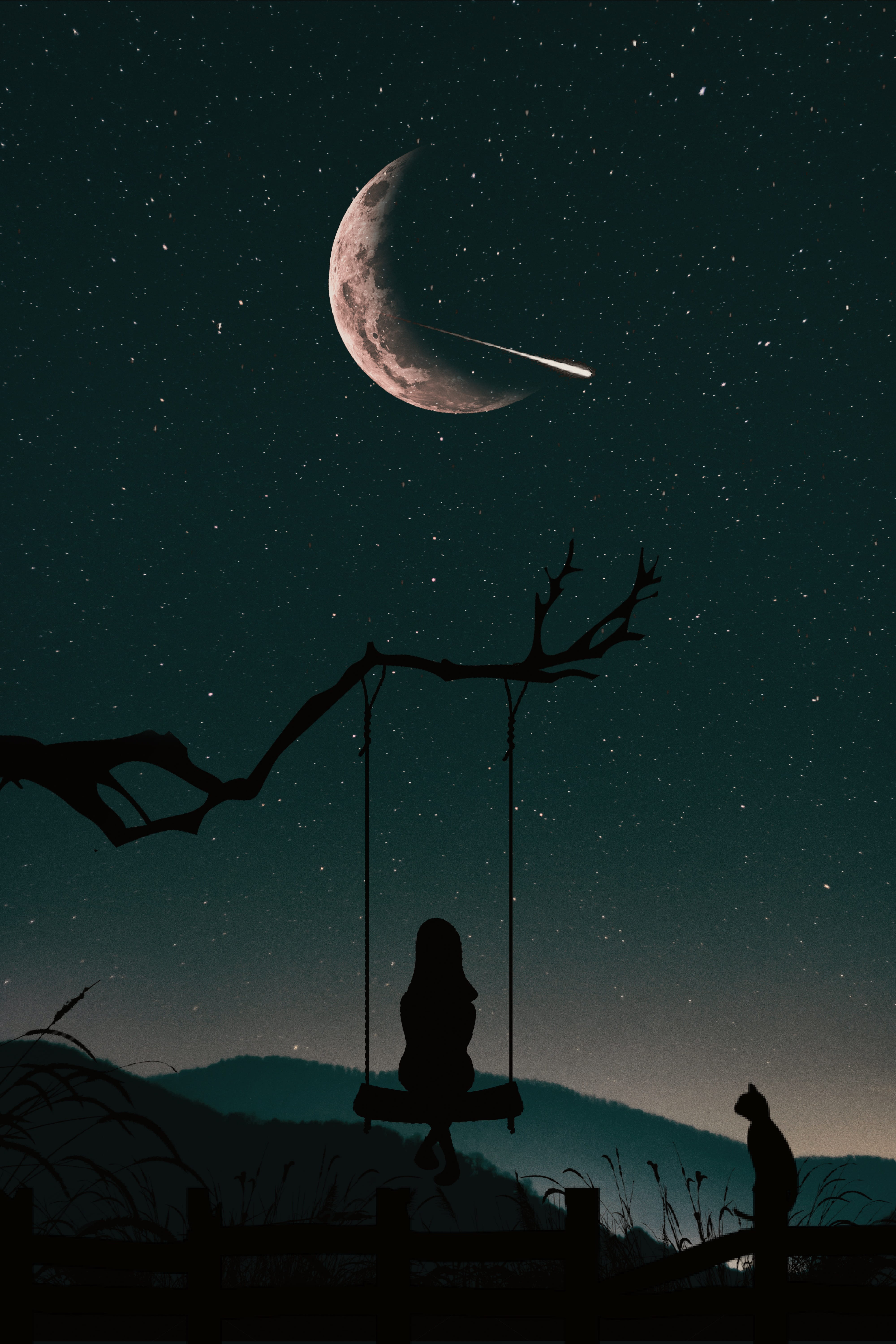 silhouette of girl sitting on swing fixed to a tree branch under bright starry night sky with crescent moon illustration 2k 4k