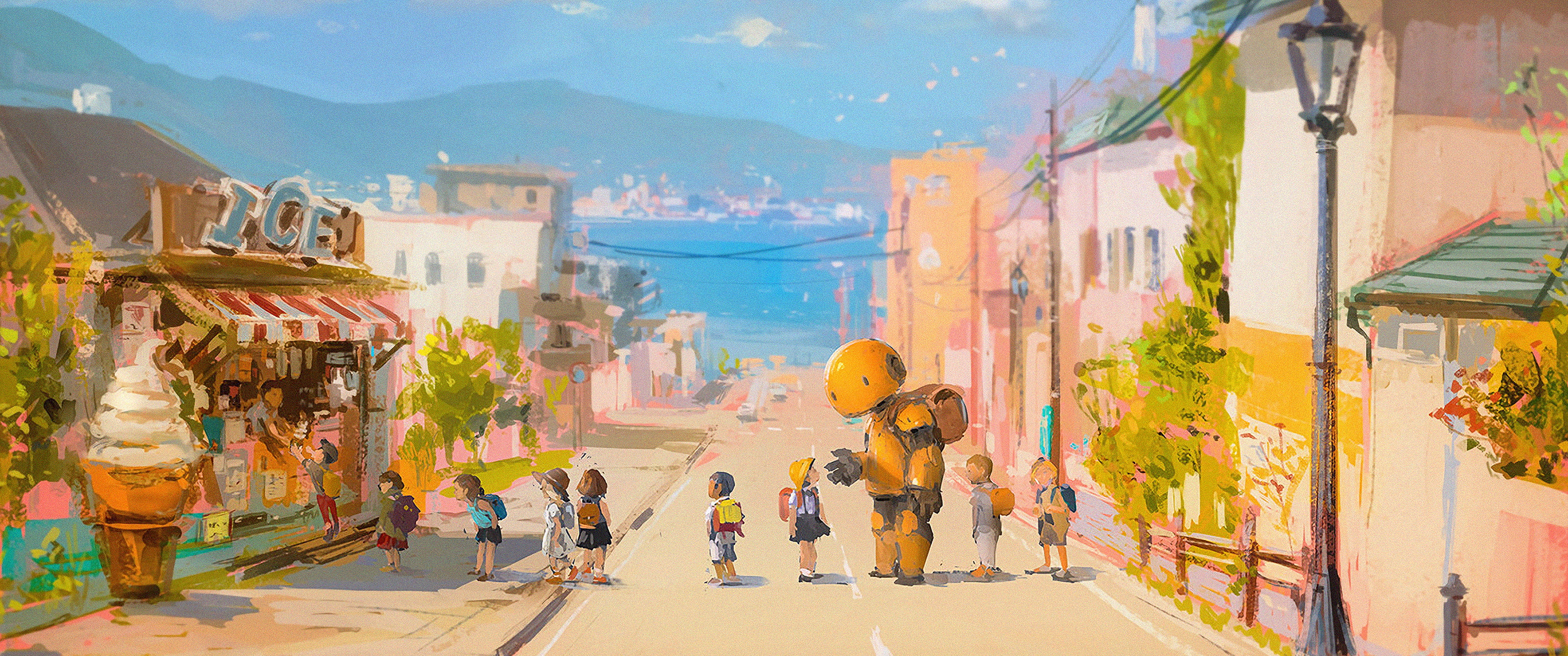 street robot beach sea children anime ultrawide ultra wide 2k