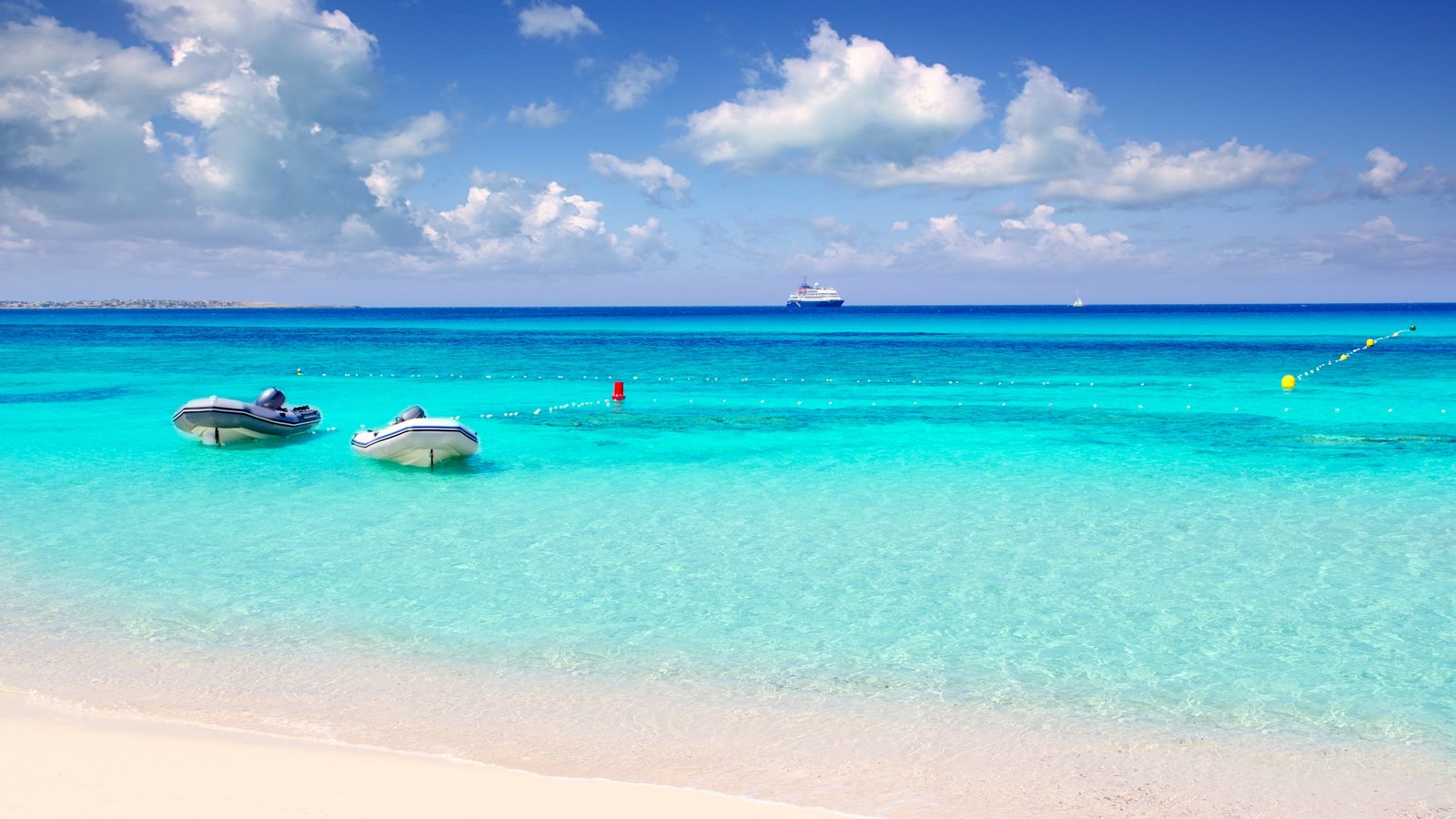 two white boat floating above blue sea near shore Playa de Ses Illetes 2k 4k 5k