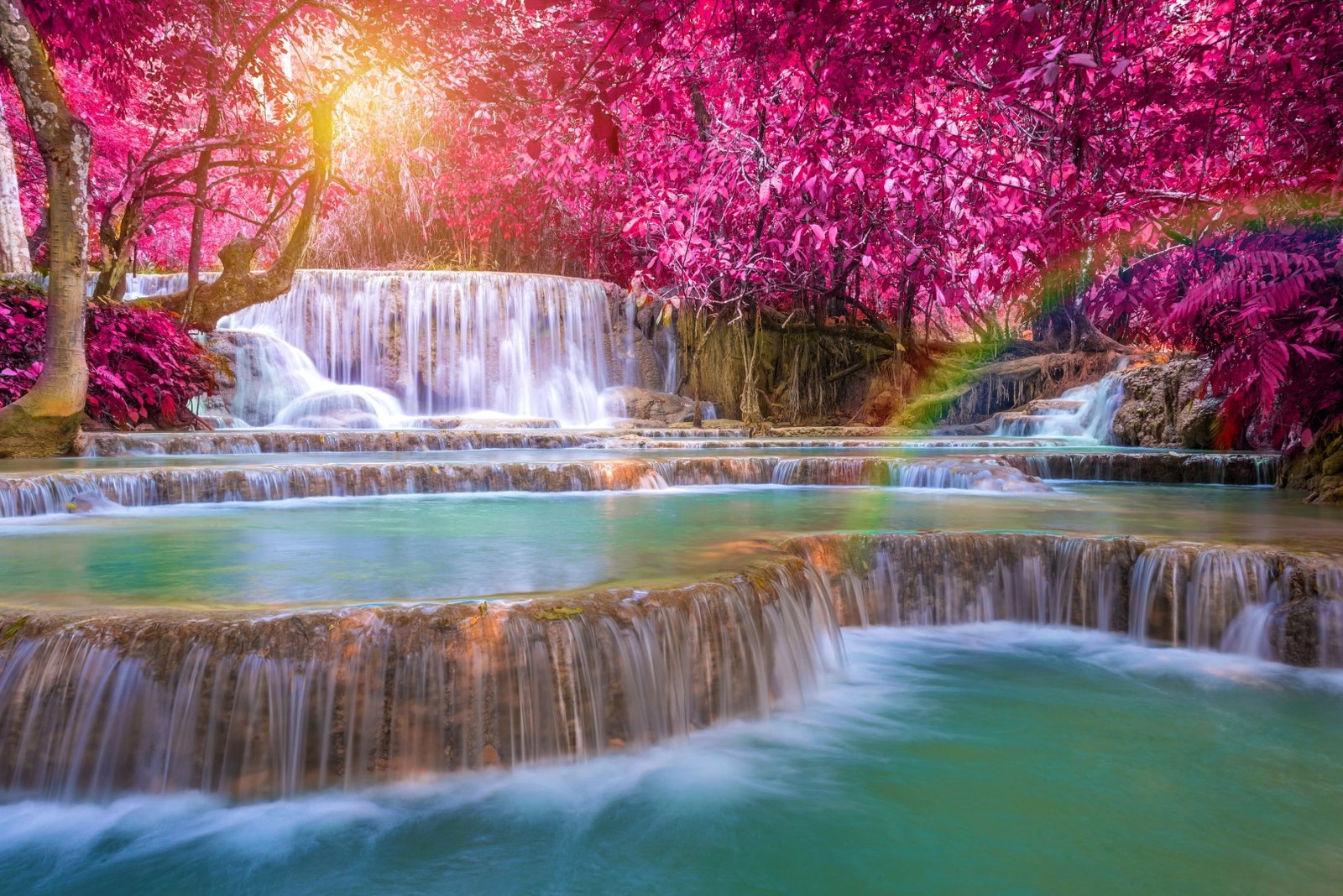 waterfalls wallpaper landscape photography of trees 2k