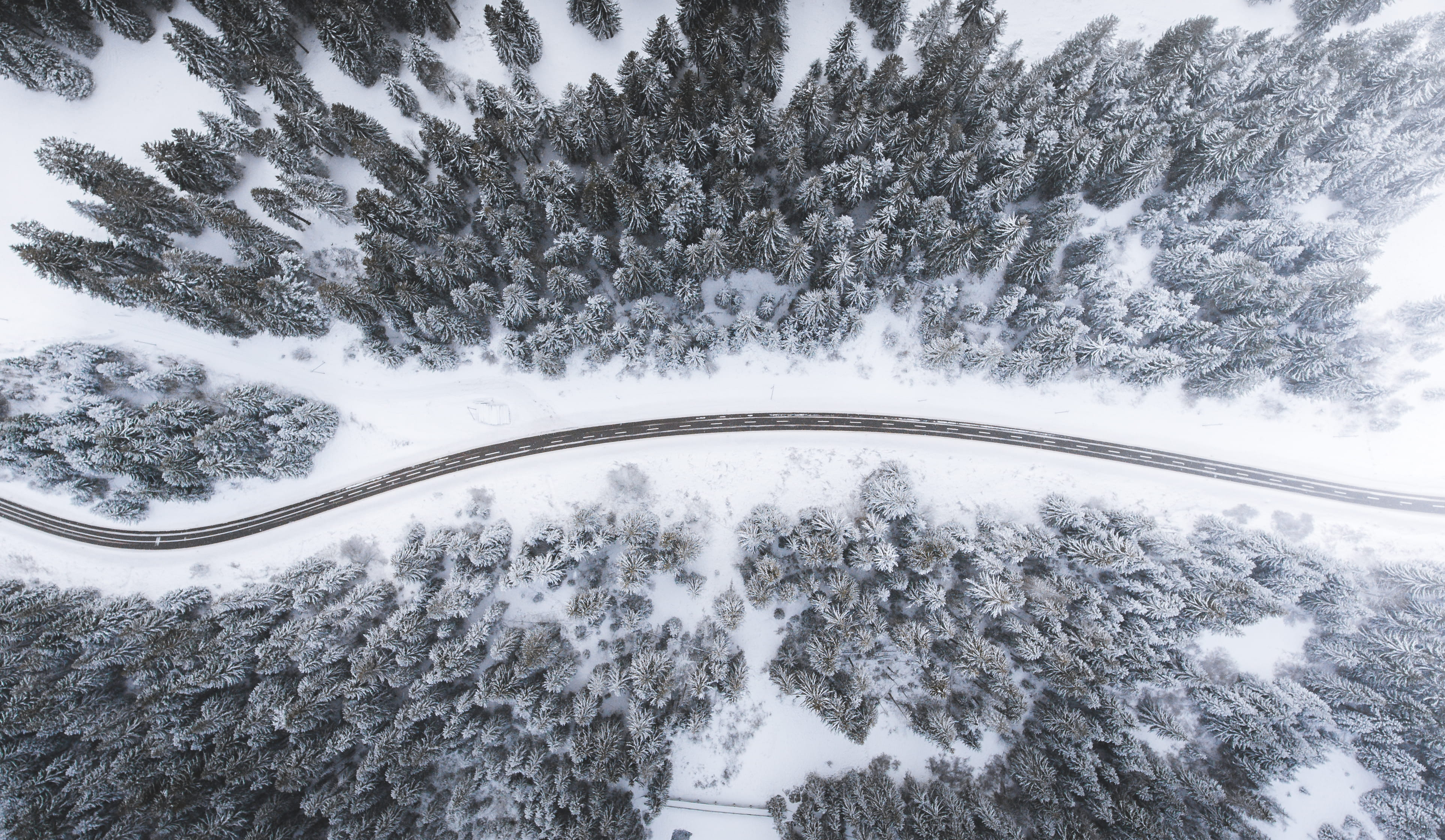 aerial view of road surrounded by trees bird eye photography snow covered mountain 2k 4k