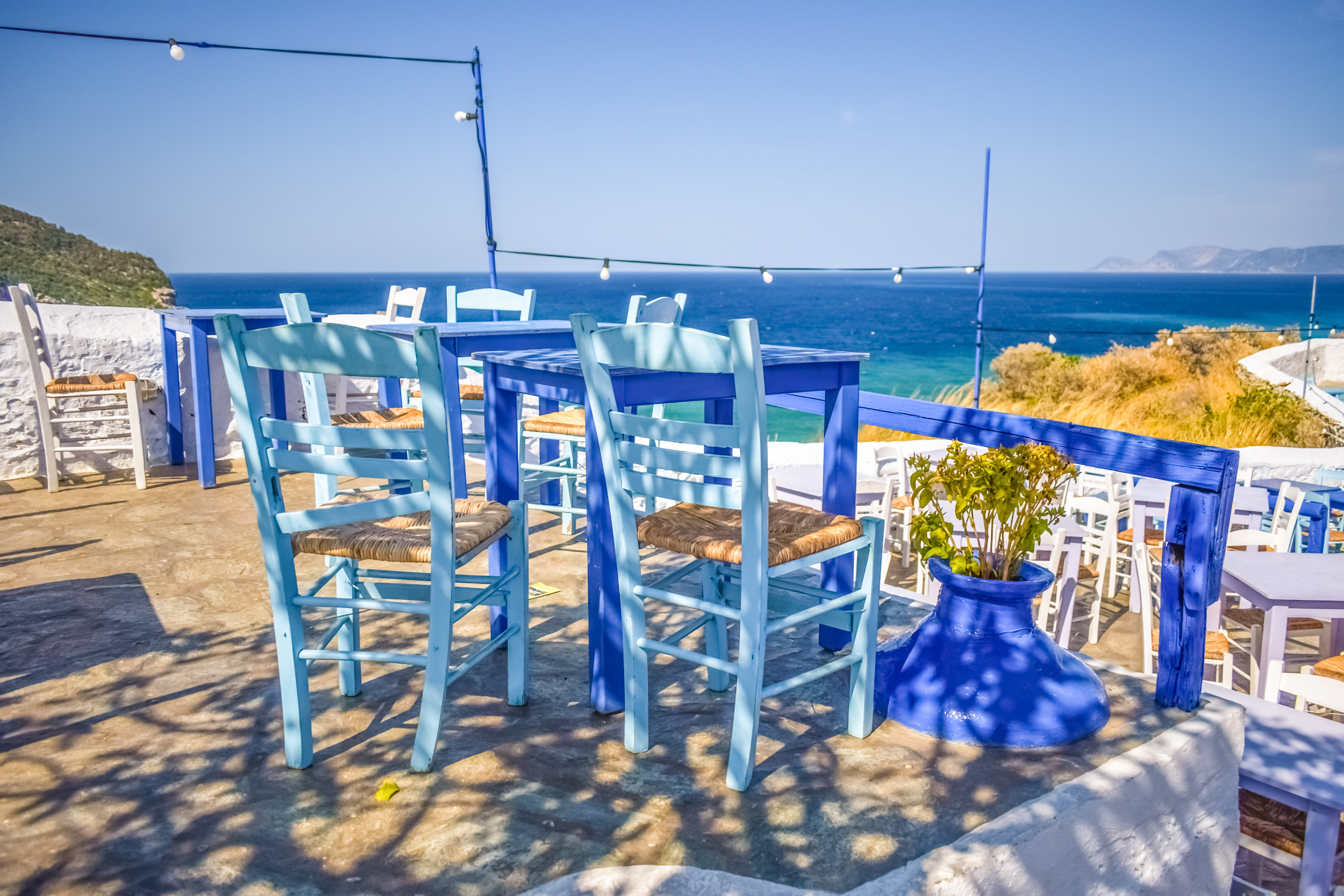 blue wooden table and chairs greece skopelos island greek 2k 4k 5k