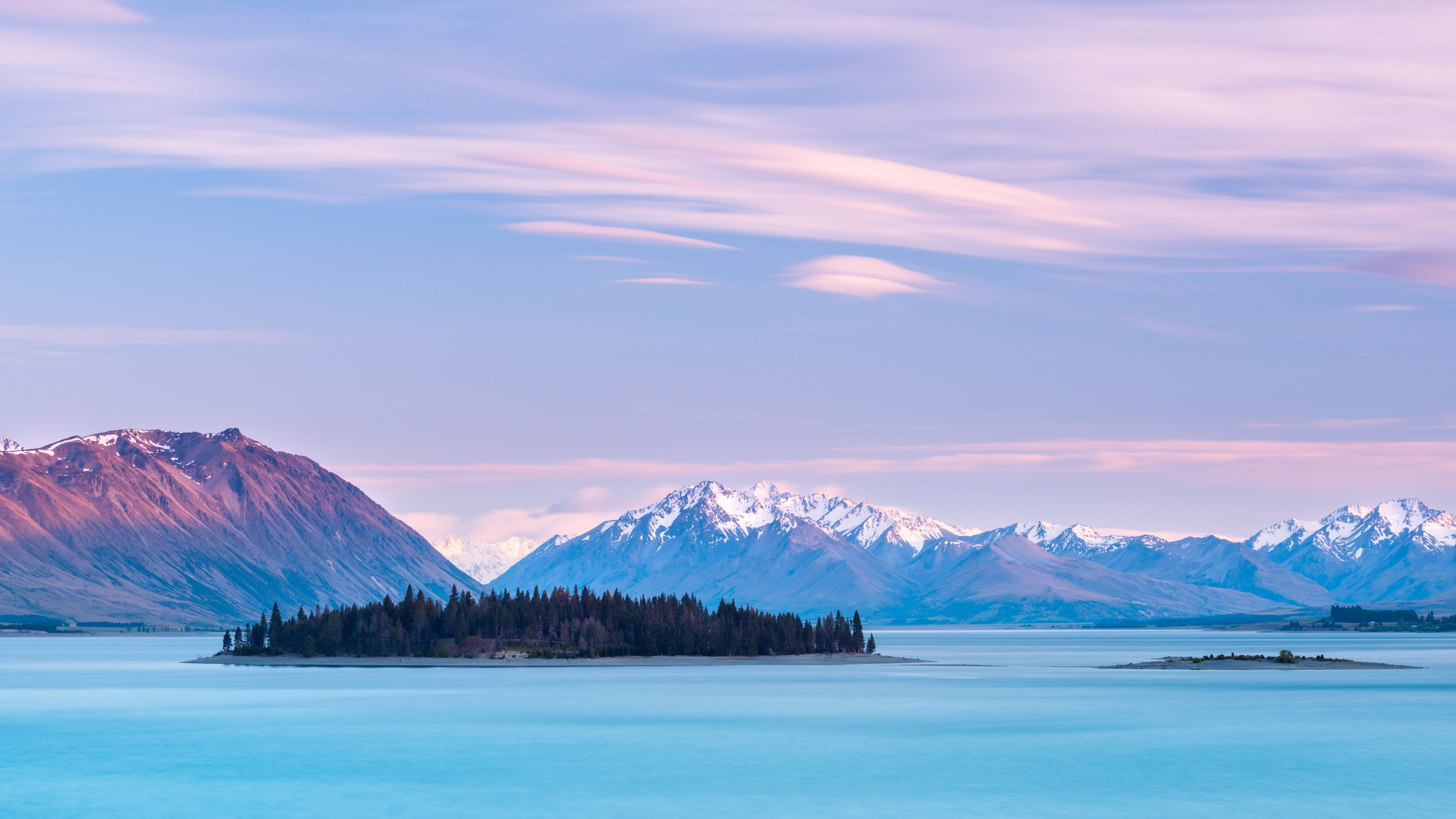 body of water Lake Tekapo New Zealand mountains sky clouds 2k 4k 5k 8k
