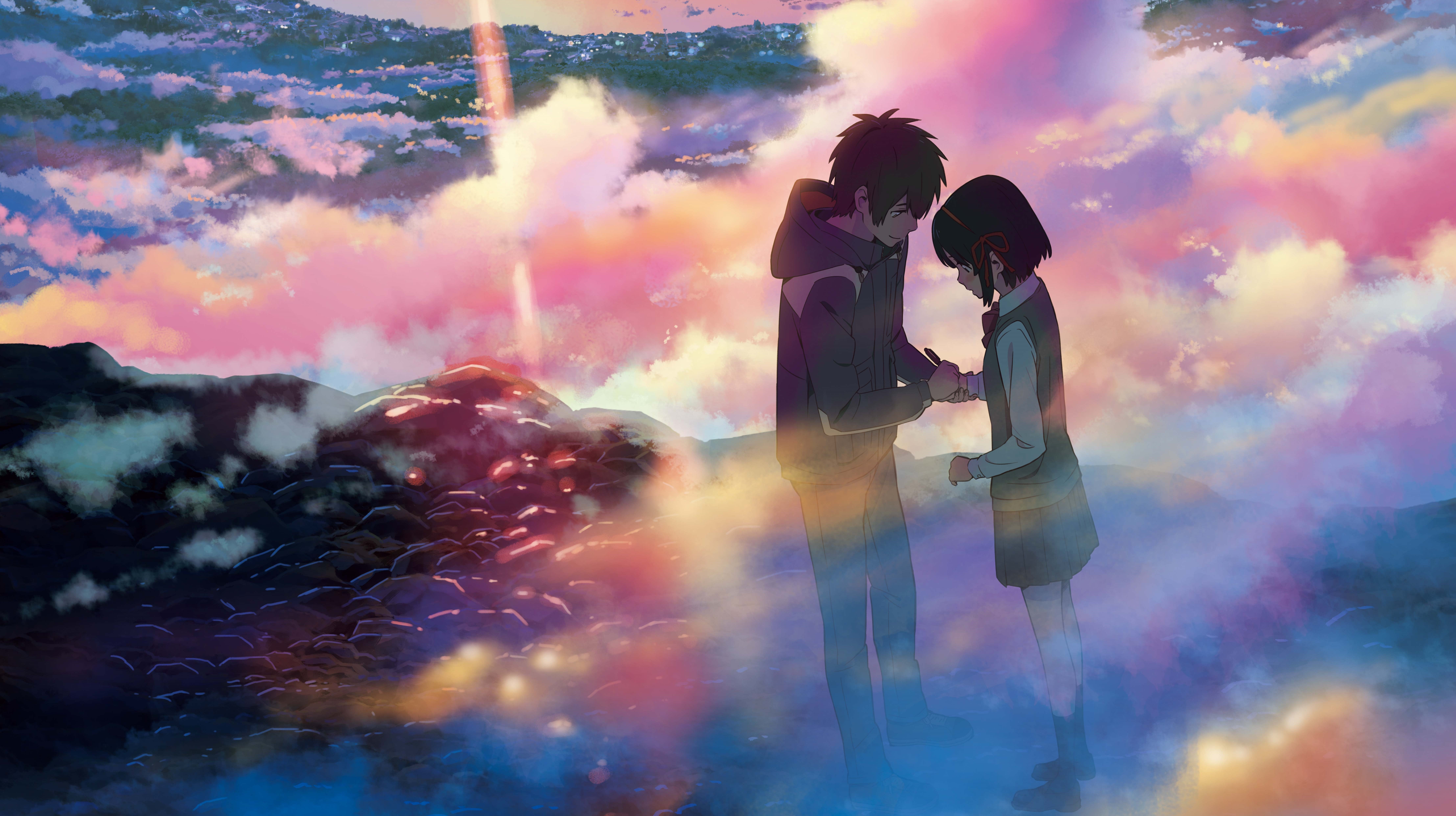 boy and girl holding hands standing on rock wallpaper Your Name anime 2k 4k 5k 8k