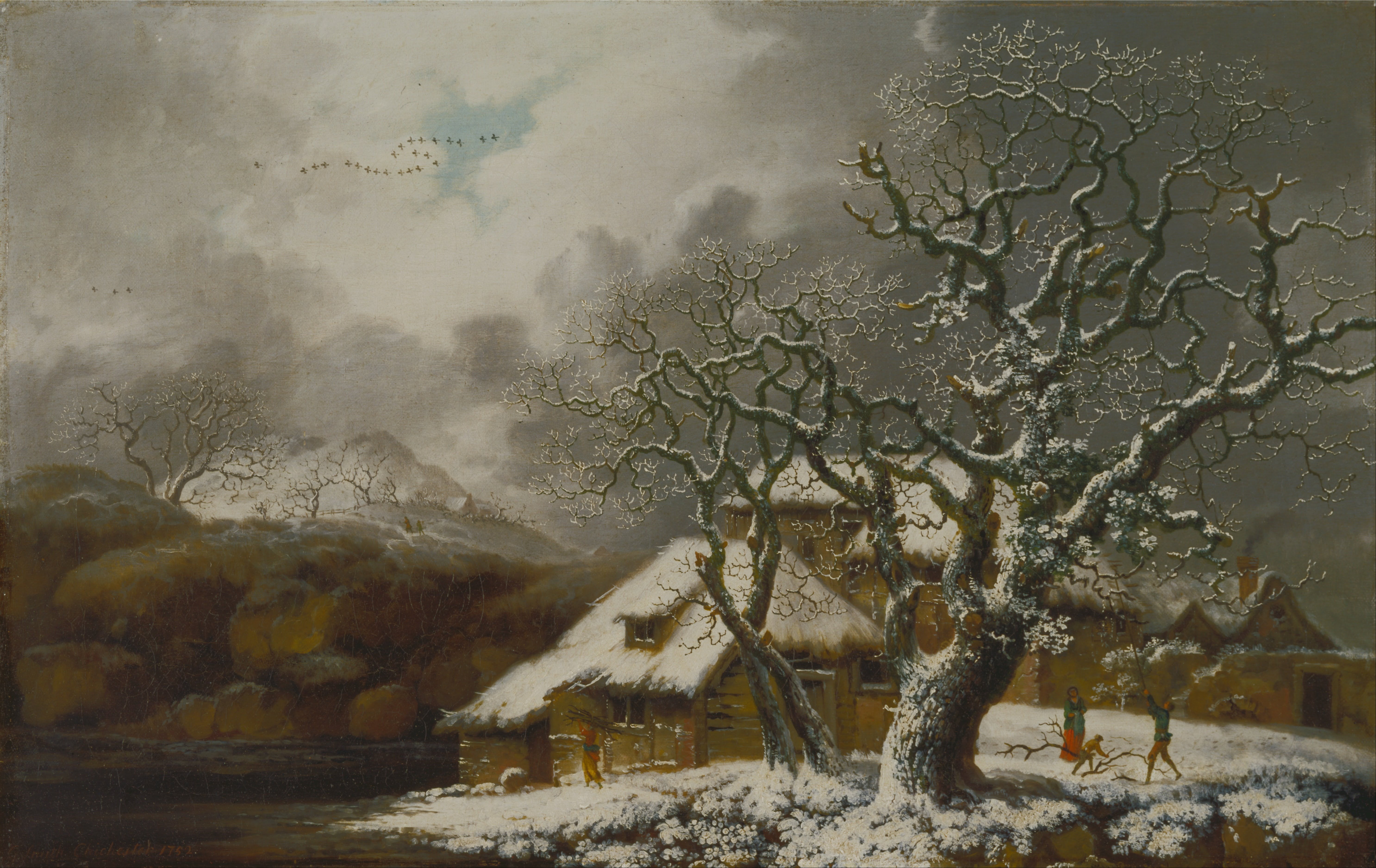 brown tree covered with snow beside house painting george smith 2k 4k 5k