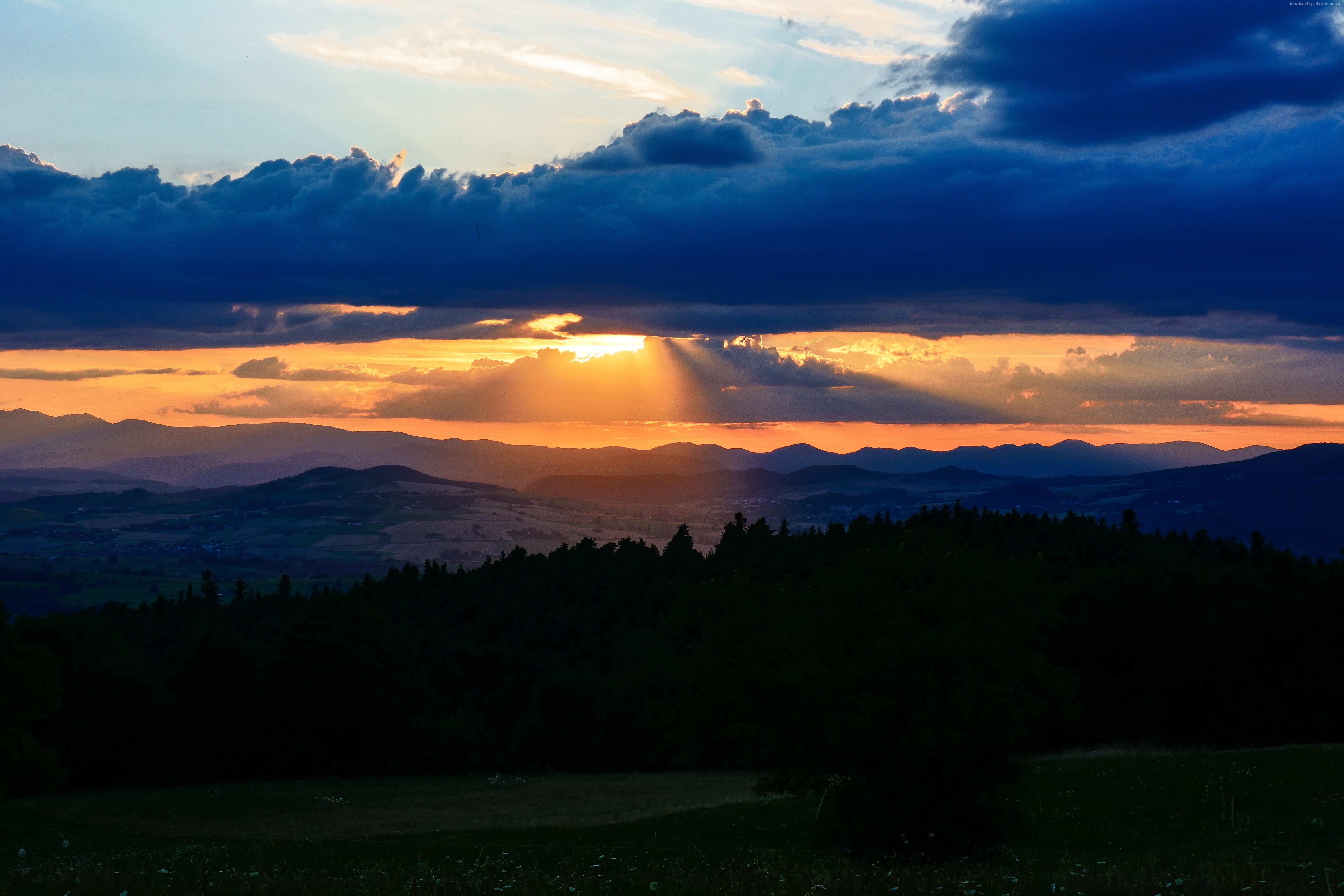 France Auvergne mountains clouds hills sunset 2k 4k 5k