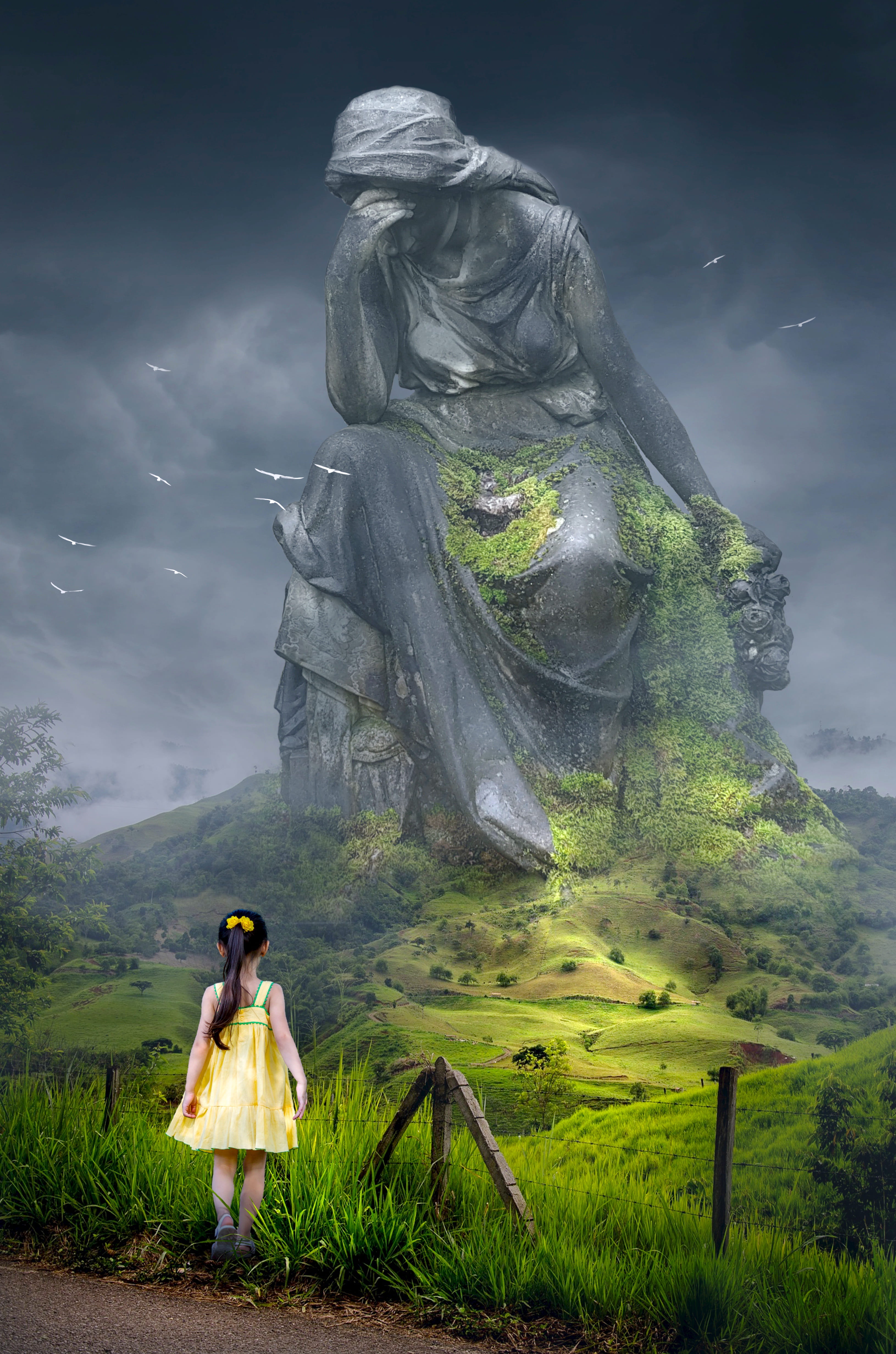 girl in yellow sundress front of a giant woamn statue fantasy 2k