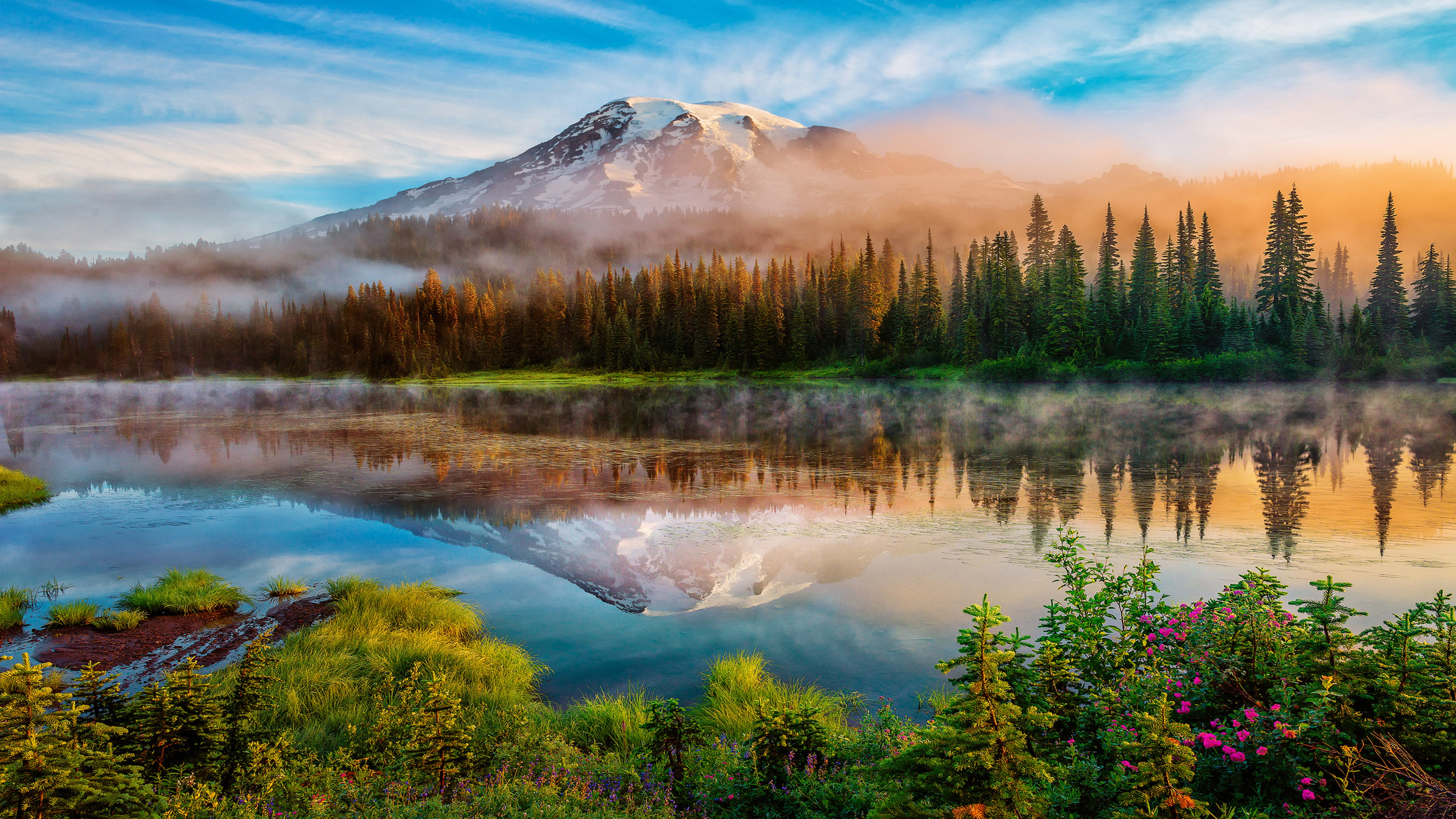 Mount Rainier And Bench Lake National Park Washington Us State Sunrise Spring Landscape Desktop Hd Wallpaper For Mobile Phones Tablet Laptop 2k 4k