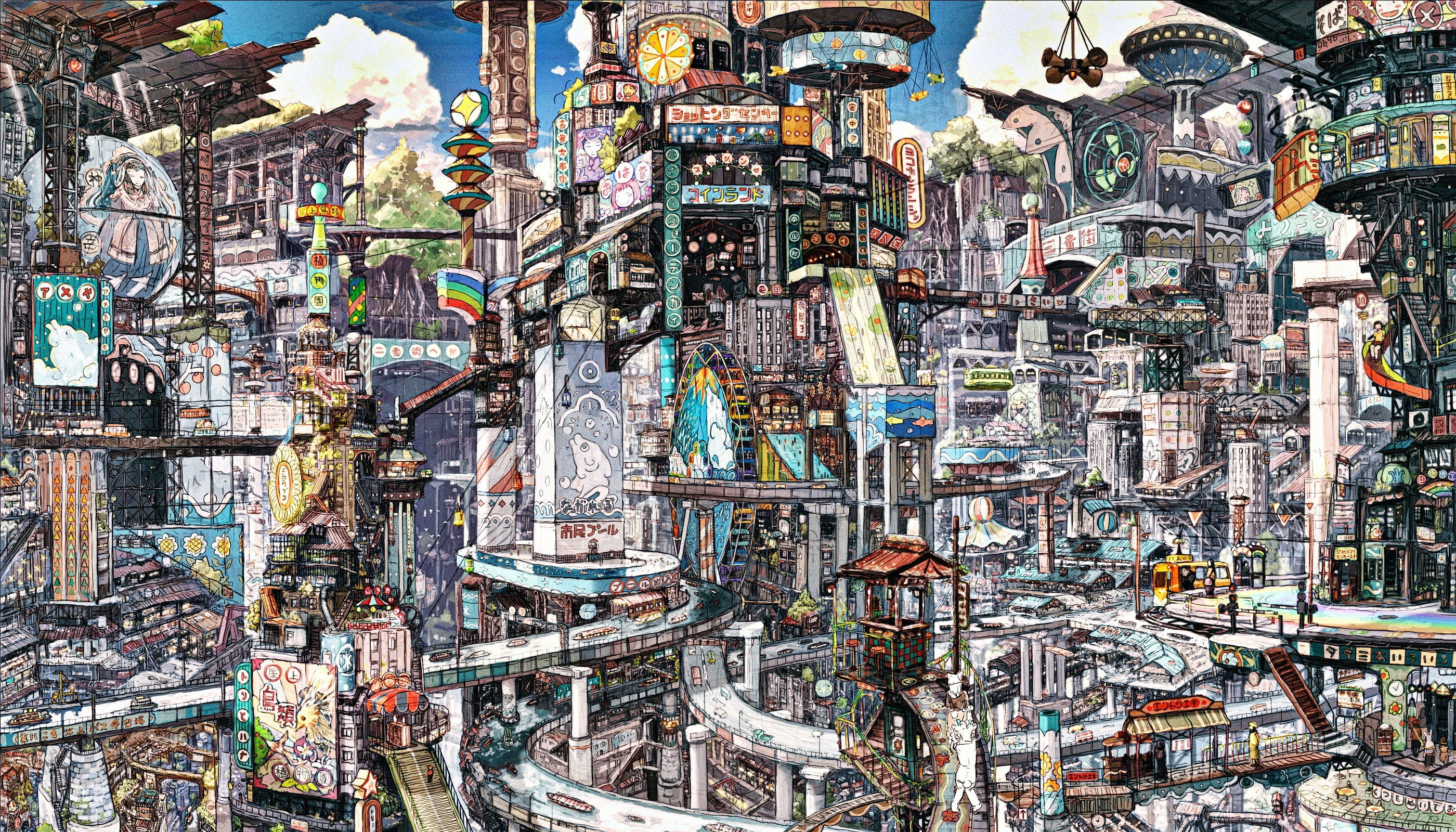 multicolored painting future city illustration anime cityscape 2k