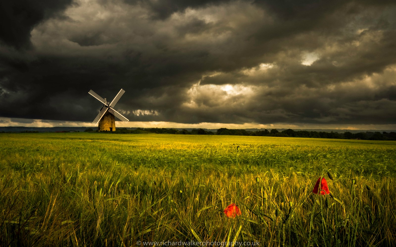 painting of grass fields near brown and gray windmill under a black sky 2k 4k 5k