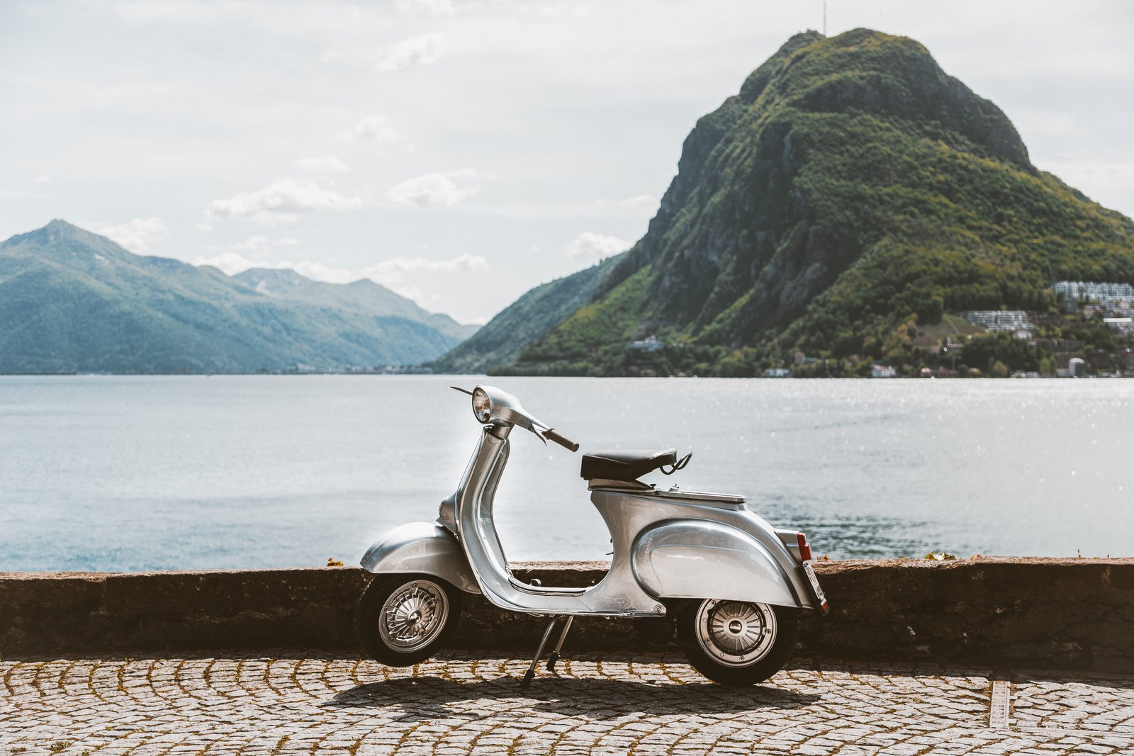 Photo of Vespa Scooter Near Body Of Water bike classic lake 2k 4k 5k