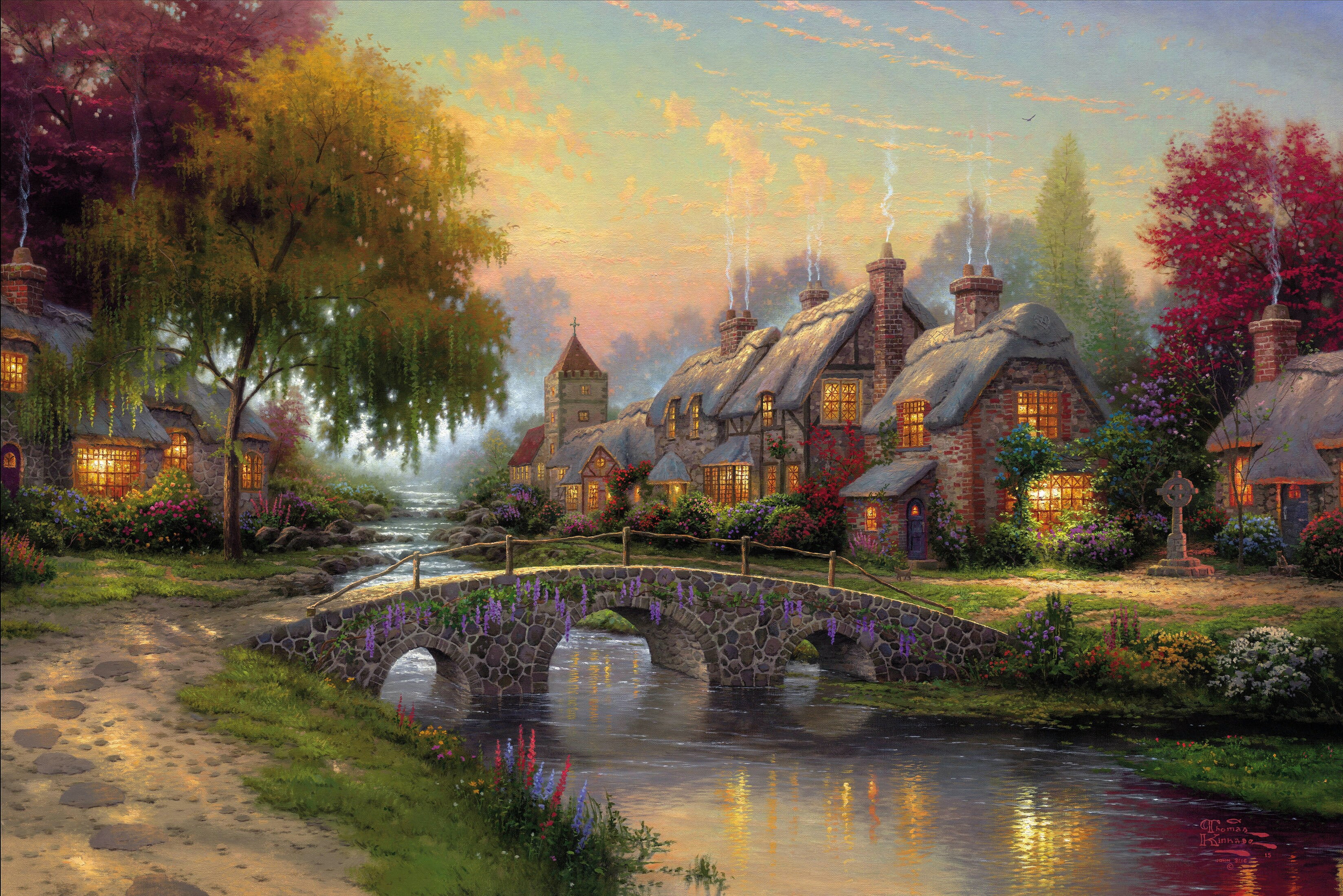 river near houses painting summer bridge picture art Thomas Kinkade 2k