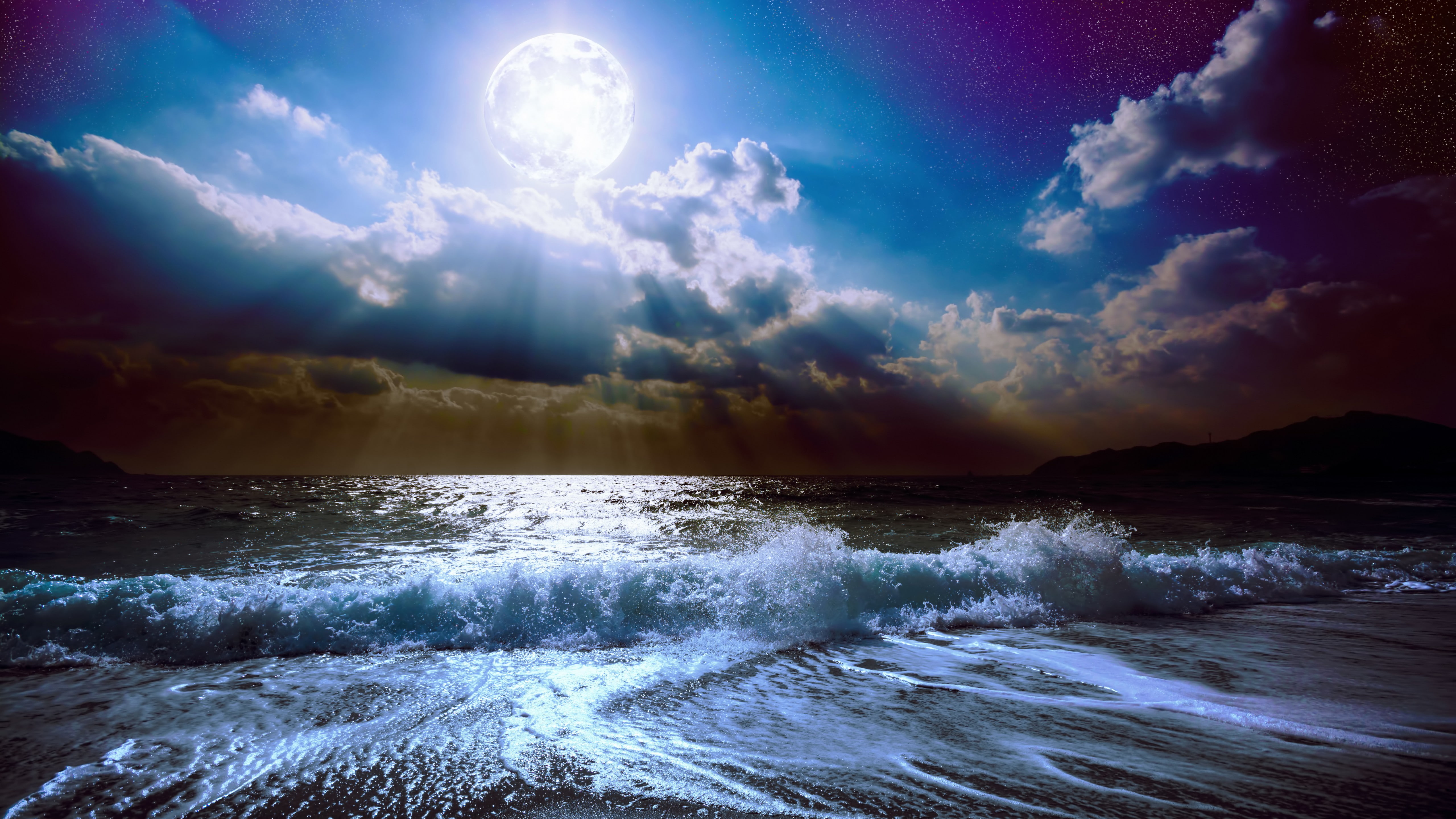 sea waves digital wallpaper moon clouds 2k 4k 5k