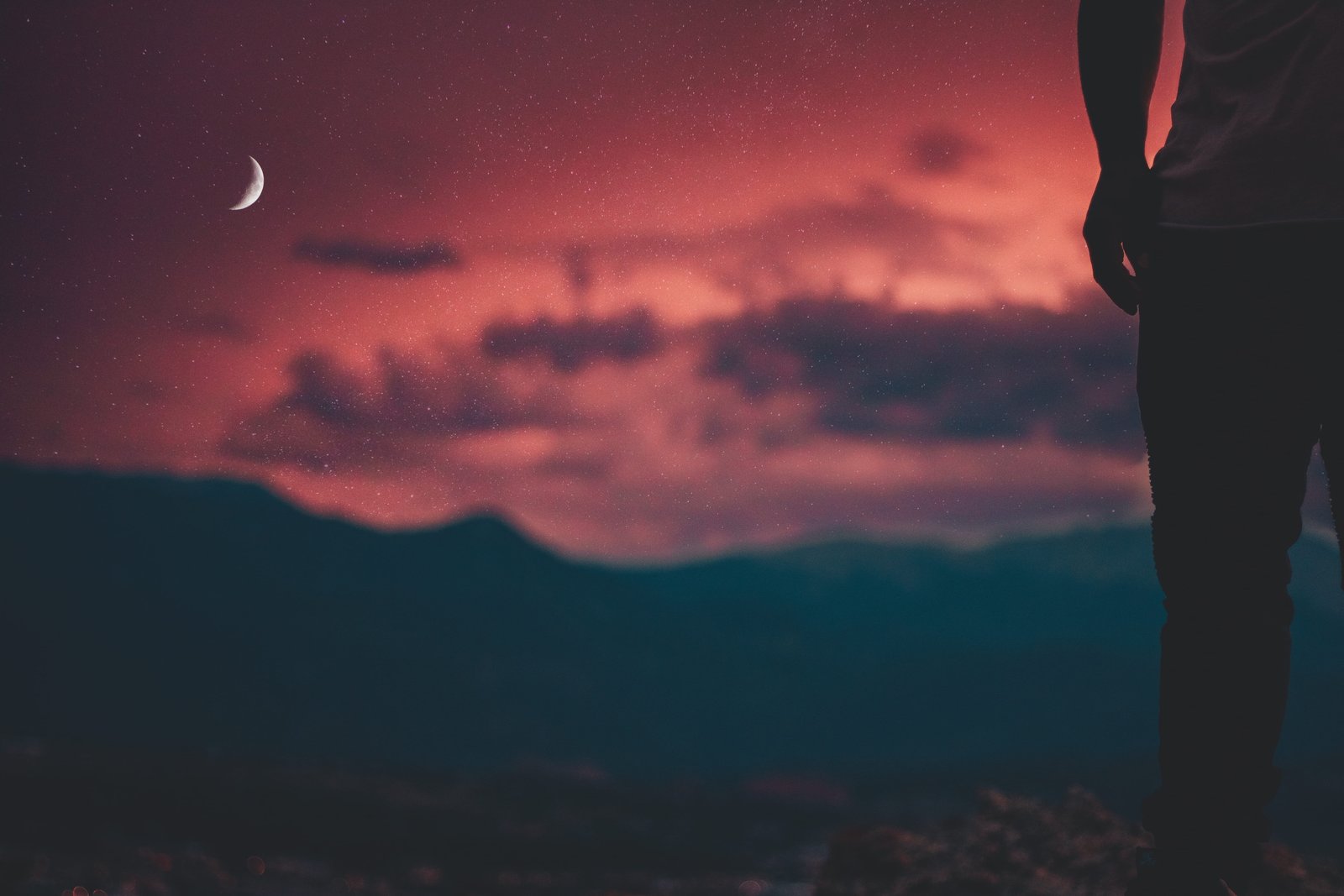 silhouette of man looking at moon person standing on mountain 2k 4k 5k