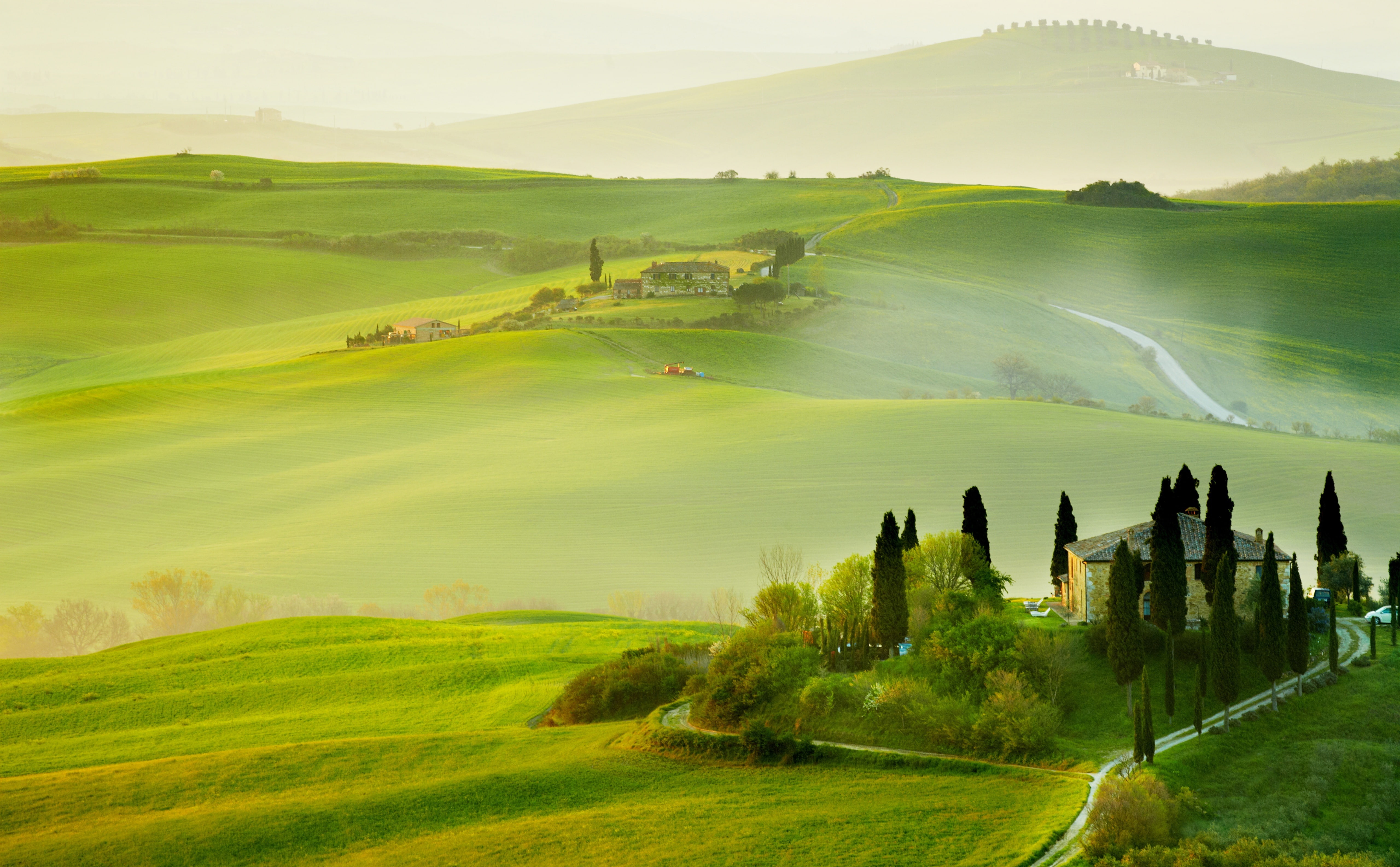 Tuscany Spring Landscape two white houses Europe Italy Nature 2k 4k 5k